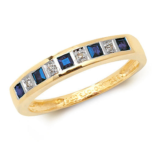 The 9CT Yellow Gold Diamond and Sapphire Eternity Ring (0.12 Ct) features alternating blue sapphires and diamonds in a channel setting—a perfect choice for an elegant eternity band.