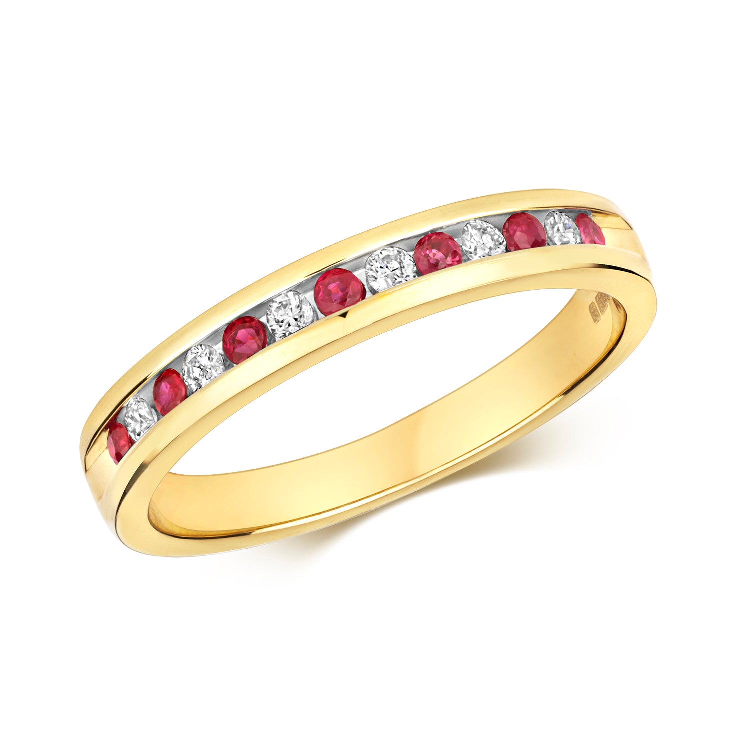 The 9CT GOLD DIAMOND/RUBY ETERNITY RING features alternating round rubies and diamonds set in classic 9ct gold.