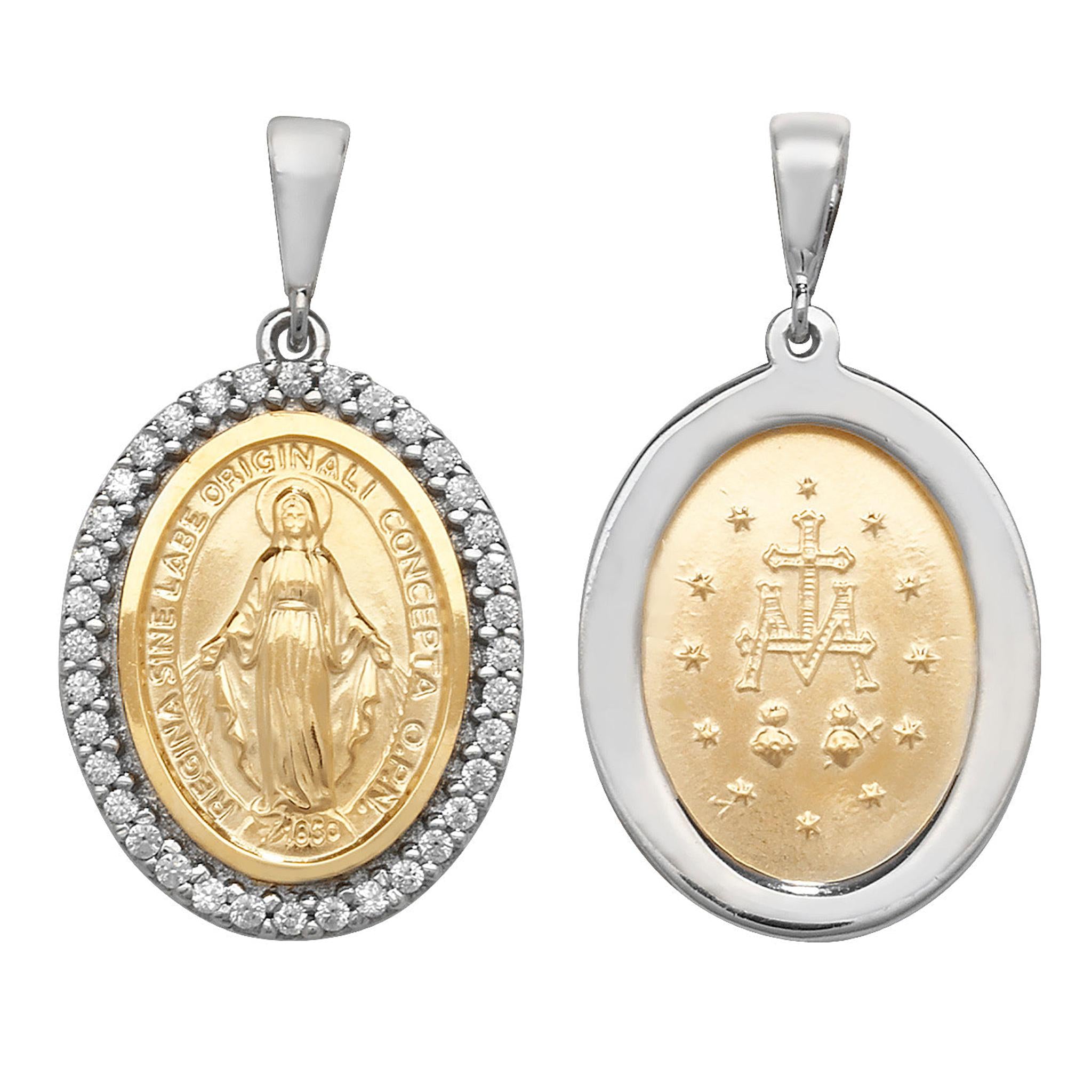 The 9CT GOLD 2 COLOUR CUBIC ZIRCONIA MIRACULOUS MEDAL features gold and silver tones, with one side showing the Virgin Mary and text, and the other displaying classic Miraculous Medal symbols with stars, crosses, and cubic zirconia accents.
