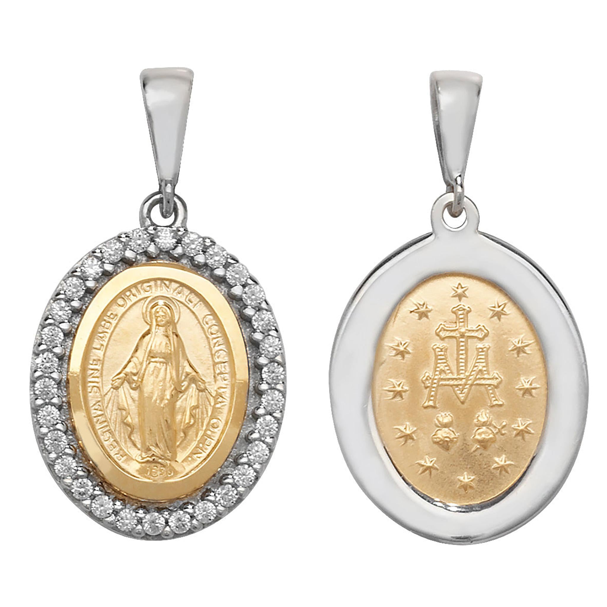 9ct yellow and white gold two-tone Miraculous Medal pendant featuring a CZ border.