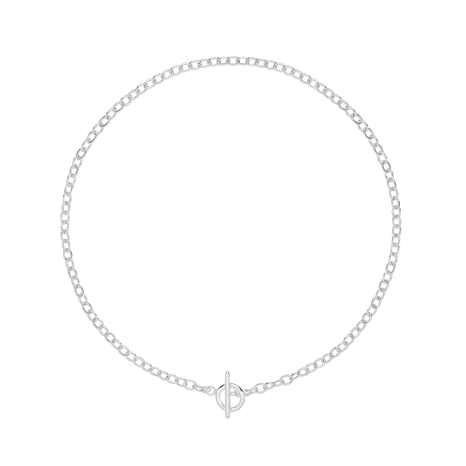 The STERLING SILVER LADIES T BAR TOGGLE CHAIN 18" is an elegant, 6.4g silver necklace with a toggle clasp, beautifully arranged in a circle on a white background—perfect for everyday wear.