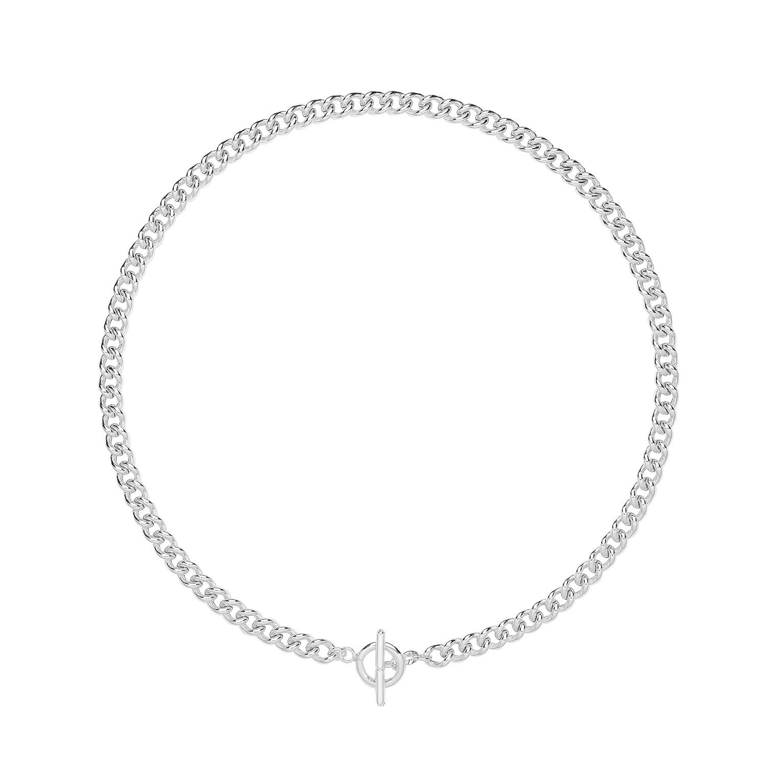 The STERLING SILVER LADIES ALBERT TOGGLE CHAIN is a 17" necklet with a toggle clasp, weighing 21g, shown in a circular layout on a white background.