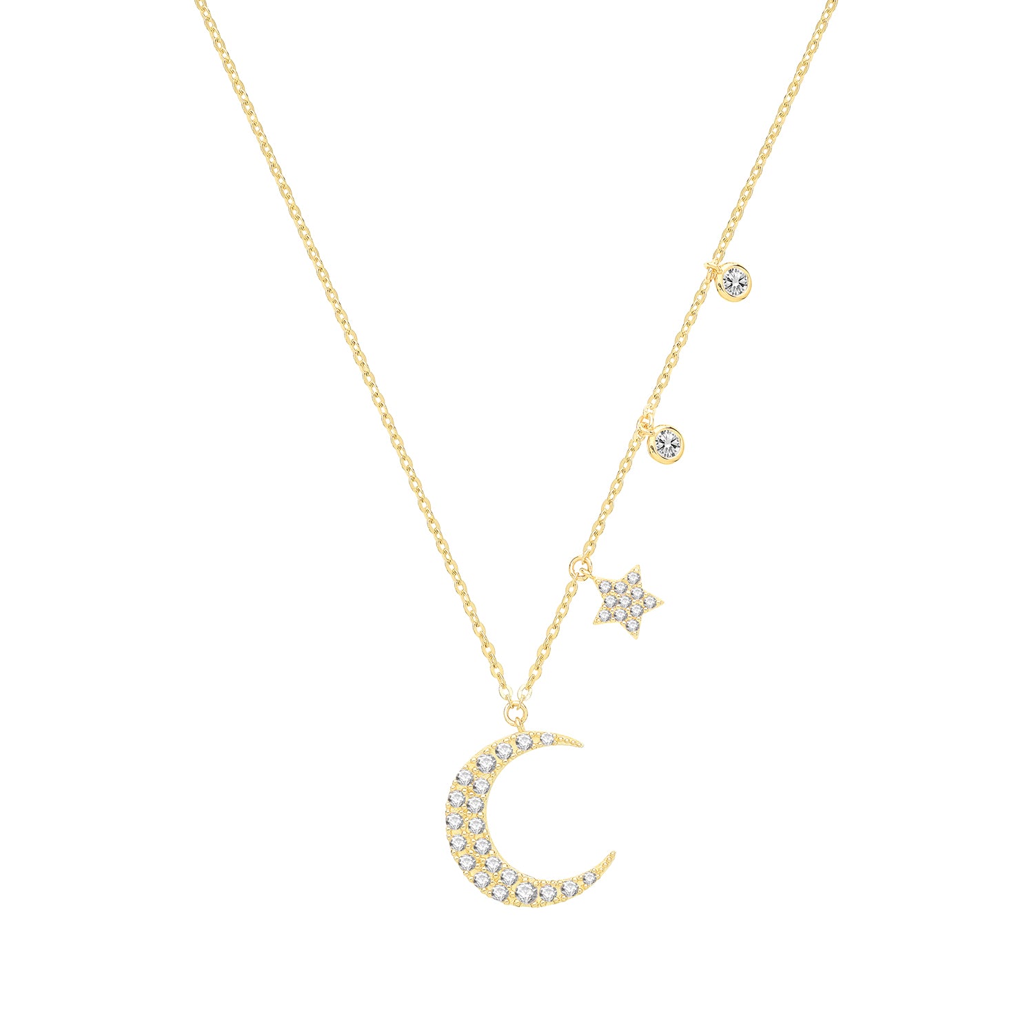 The 9CT GOLD CZ SET MOON & STAR NECKLET features a yellow gold crescent moon pendant, a star charm, and two CZ stone charms, all accented with clear crystals for extra sparkle.