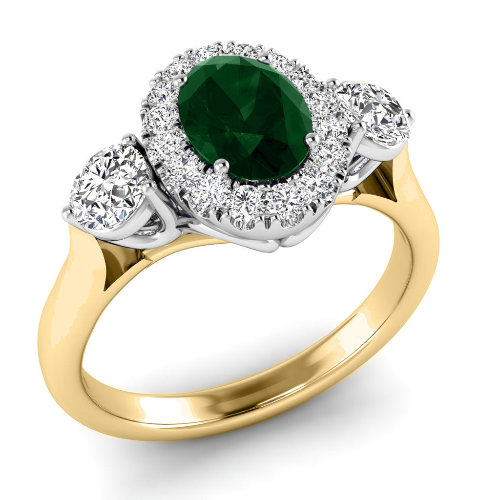 A stunning 9ct yellow gold ring features an oval emerald center, surrounded by a diamond cluster totaling 0.45ct, in an elegant oval design.