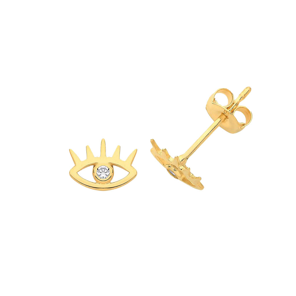 Evil Eye Stud Earrings—gold studs shaped like eyes with lashes, each featuring a central cubic zirconia for added sparkle and protection.