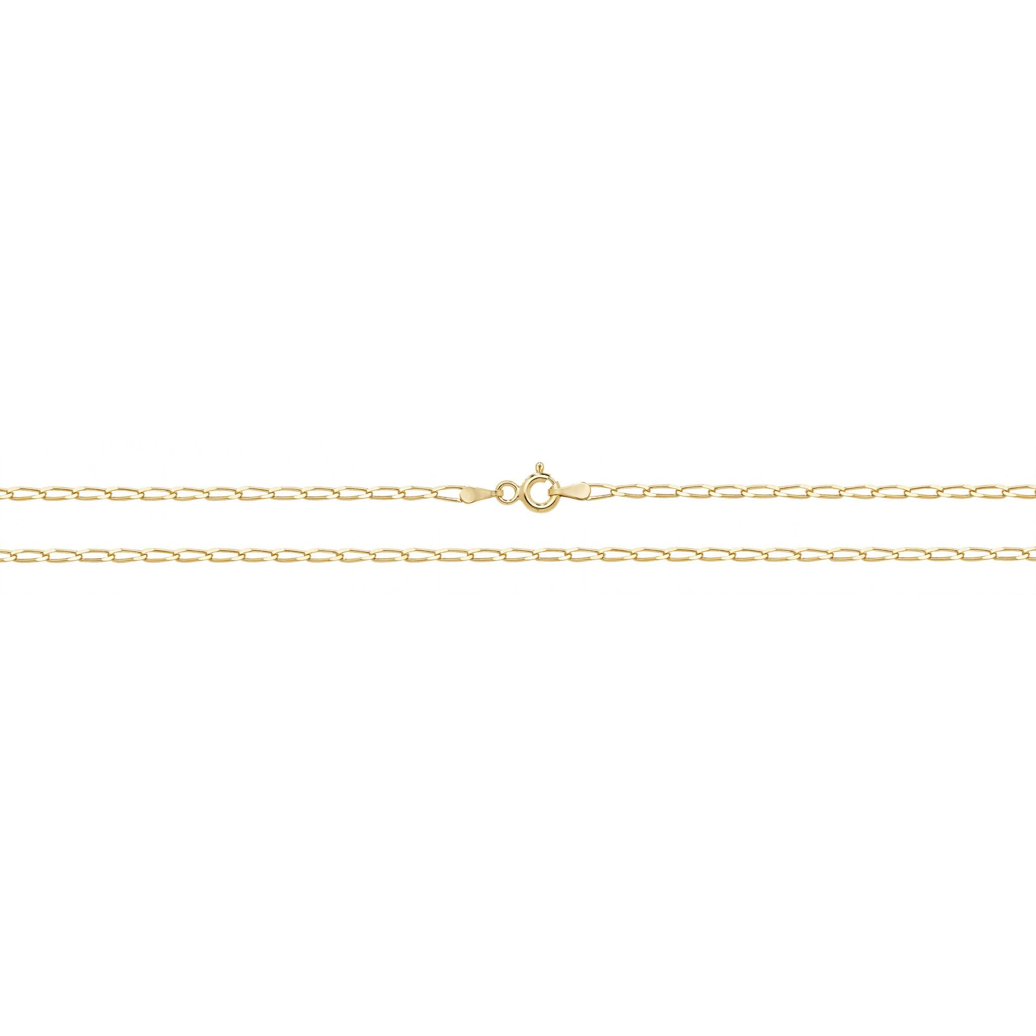 The 9CT GOLD 20" RADA CHAIN is a delicate yellow gold necklace with a small round clasp, elegantly displayed on a white background.