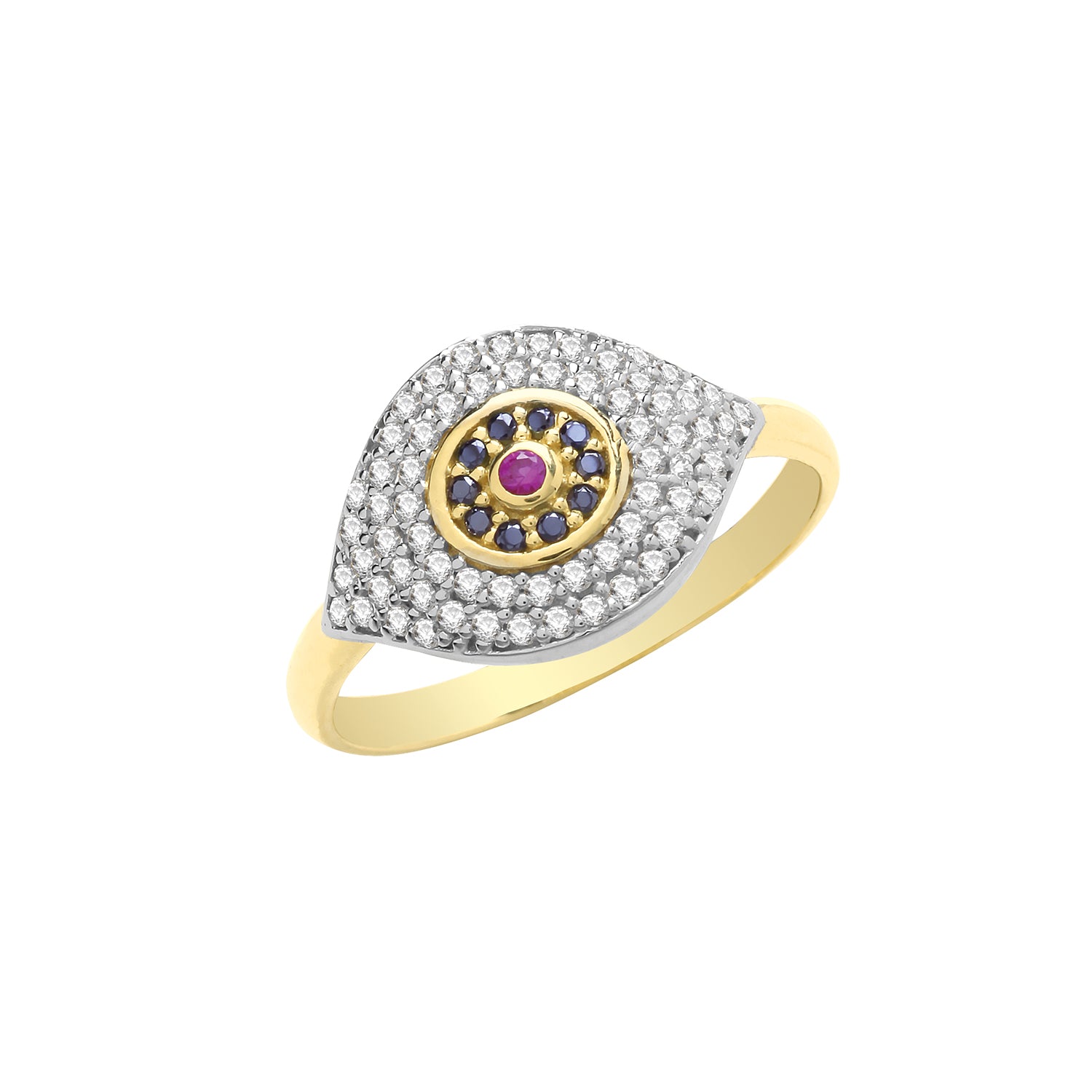 9CT gold Evil Eye ring featuring a sparkling cubic zirconia stone set design with a central purple gemstone and additional accent stones.