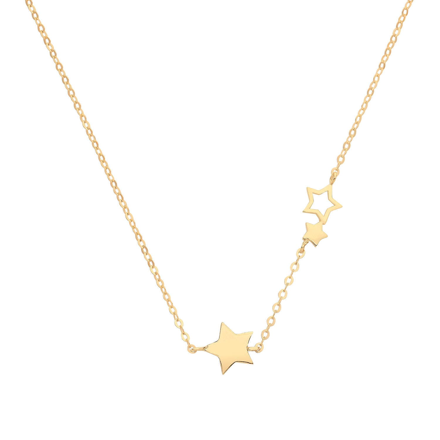 The 9CT GOLD WITH STARS NECKLET showcases three asymmetrical star pendants on one side of a delicate 16.5-inch chain, offering a subtle yet stunning accent to any look.