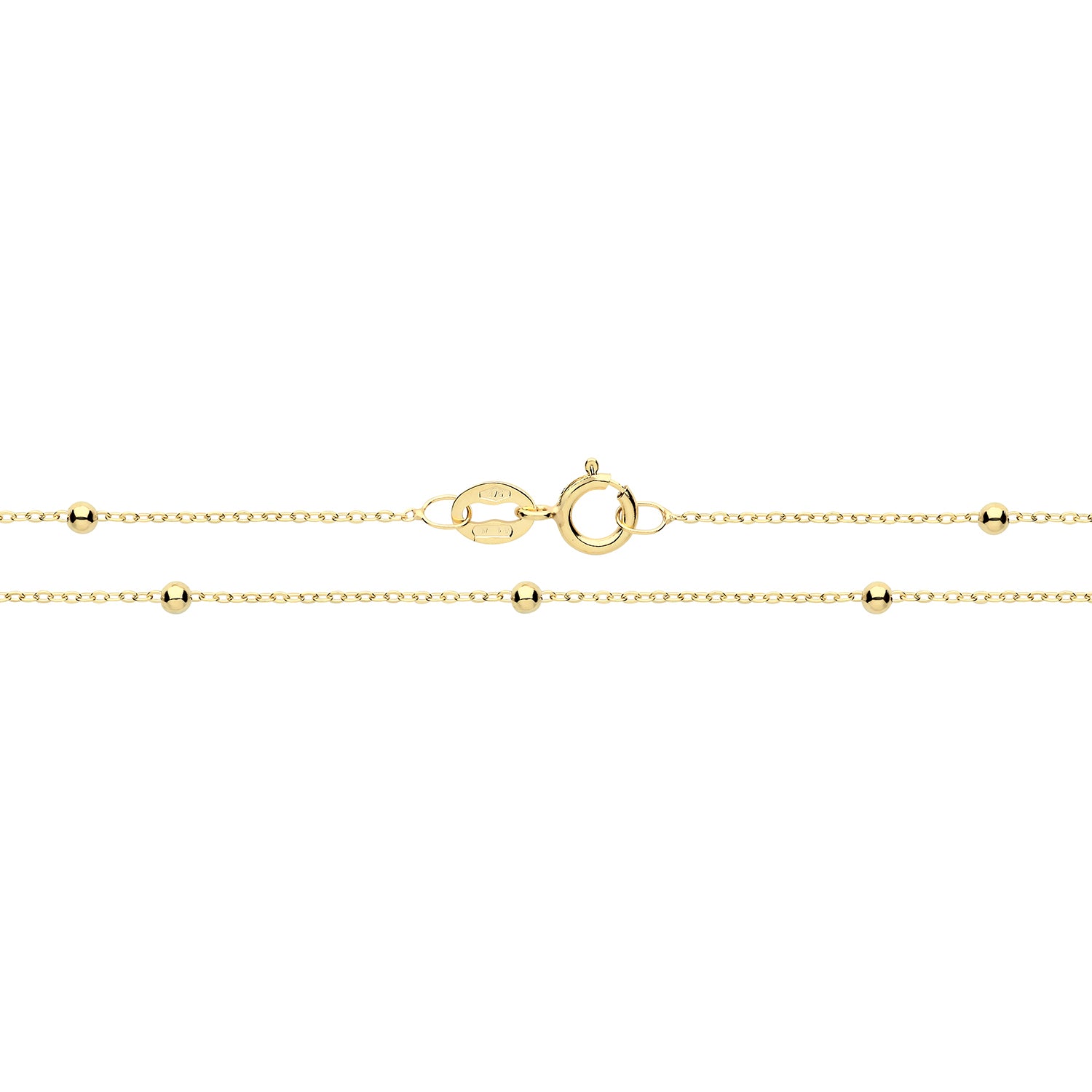 The 9CT GOLD TRACE & BEAD CHAIN 22″ INCH features small, evenly spaced gold beads on a delicate chain with a secure spring ring clasp.