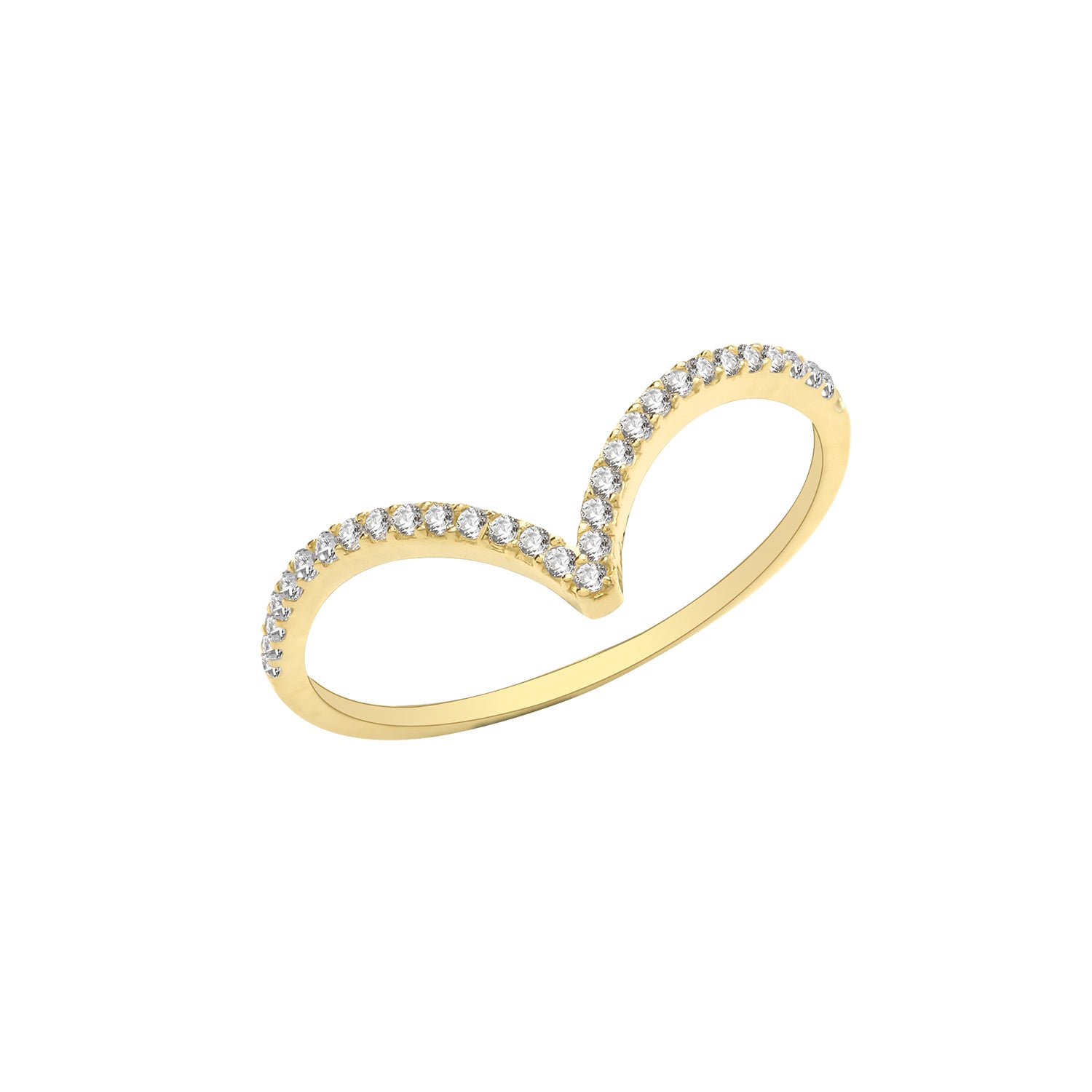 The 9CT GOLD LADIES CUBIC ZIRCONIA WISHBONE DRESS RING features a V-shaped design set with sparkling round cubic zirconia stones along the top for added elegance.