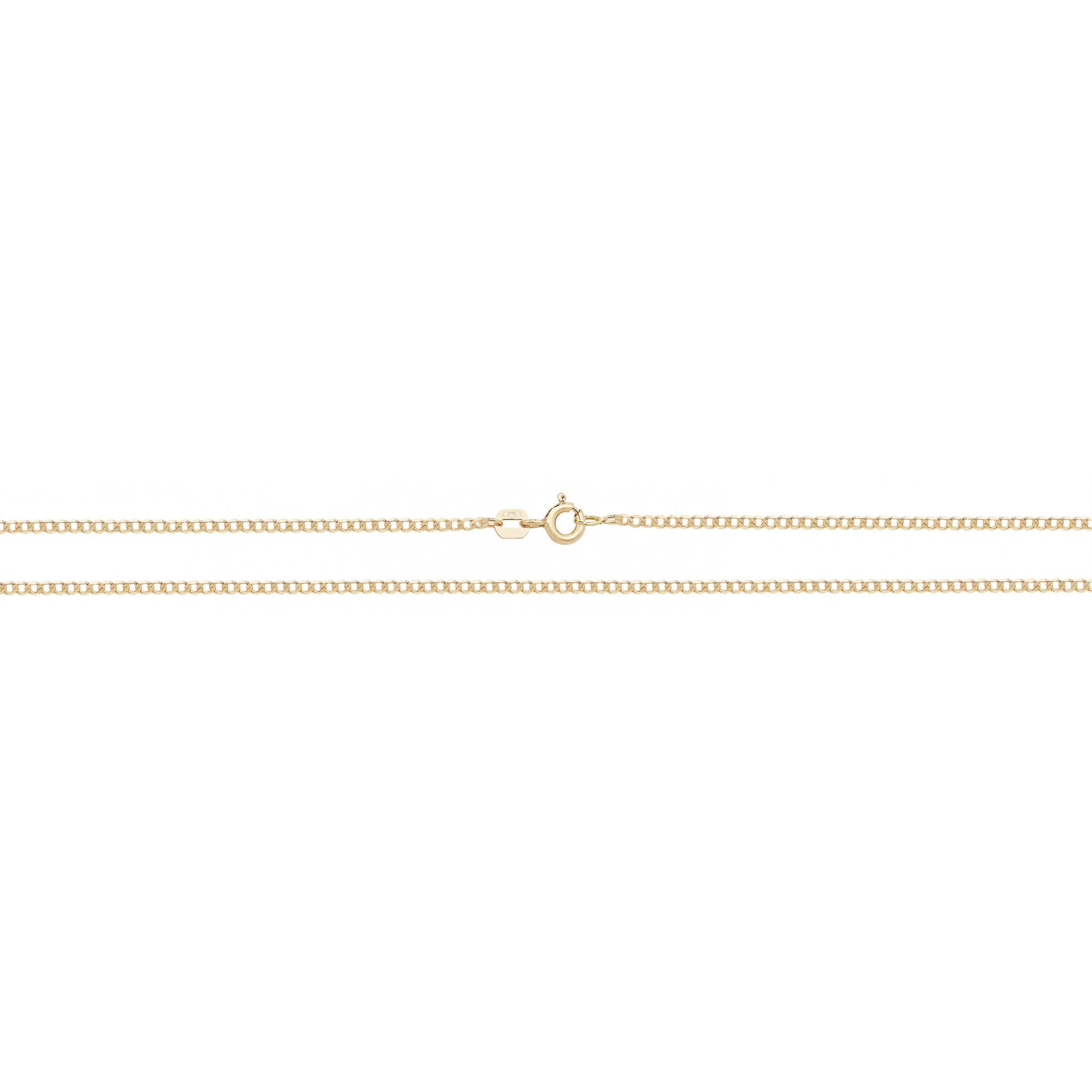 The 9CT GOLD 24" FLAT CURB CHAIN is shown laid out straight on a white background, featuring a fine gold design with a discreet circular spring ring clasp.