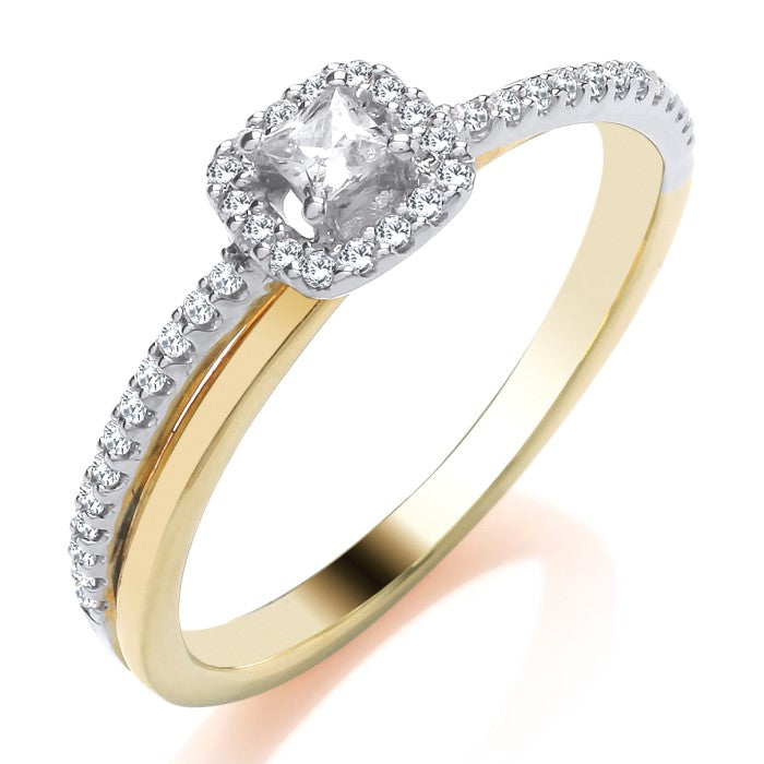 The 9ct Yellow Gold 2 Tone Princess Cut Diamond Ring features a square-cut center diamond, halo setting, and stone-set shoulders, with an approximate total diamond weight of 0.20cts.