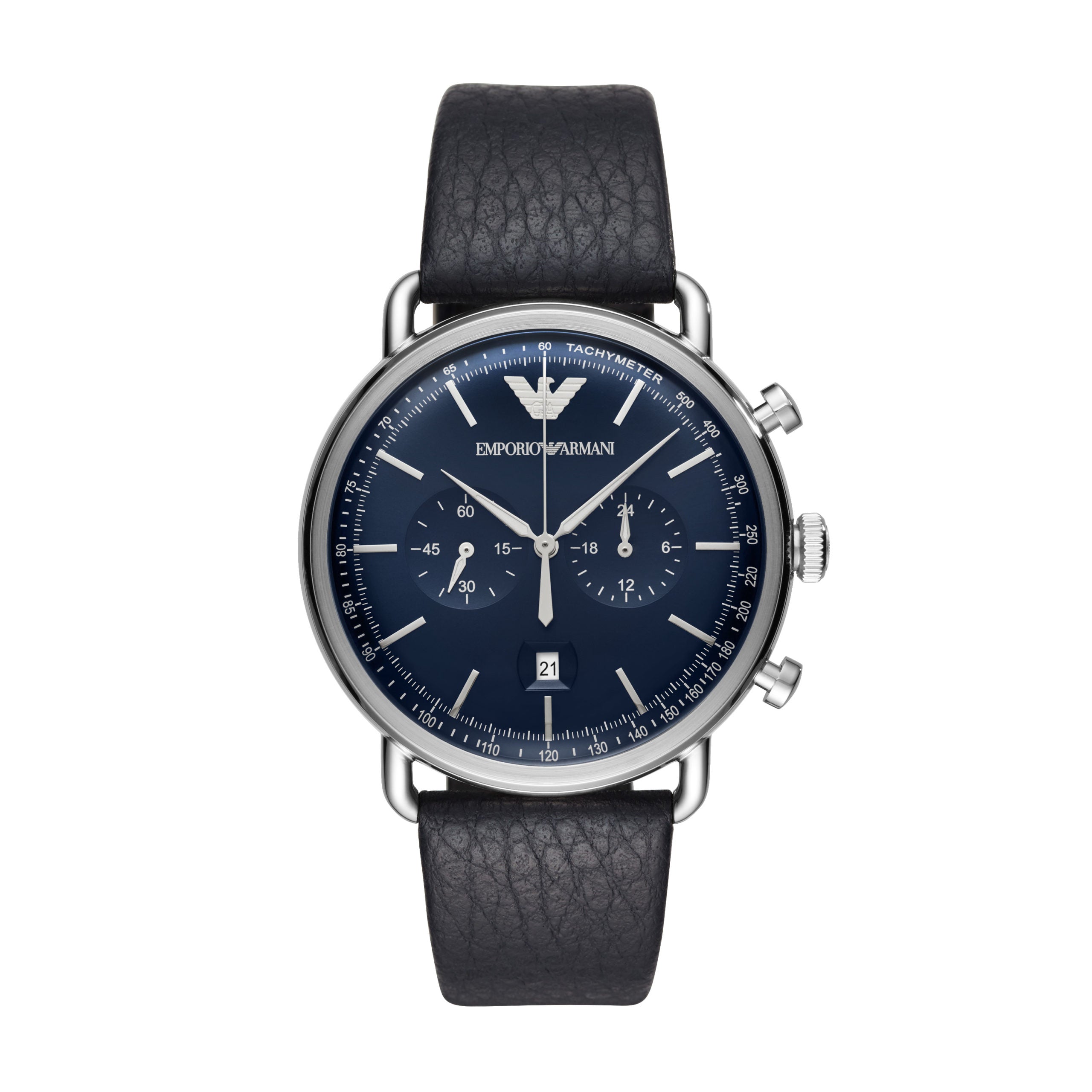 EMPORIO ARMANI AR11105 Gents Aviator chronograph with a blue leather strap, round dial, silver casing, date window, and two subdials for enhanced functionality.