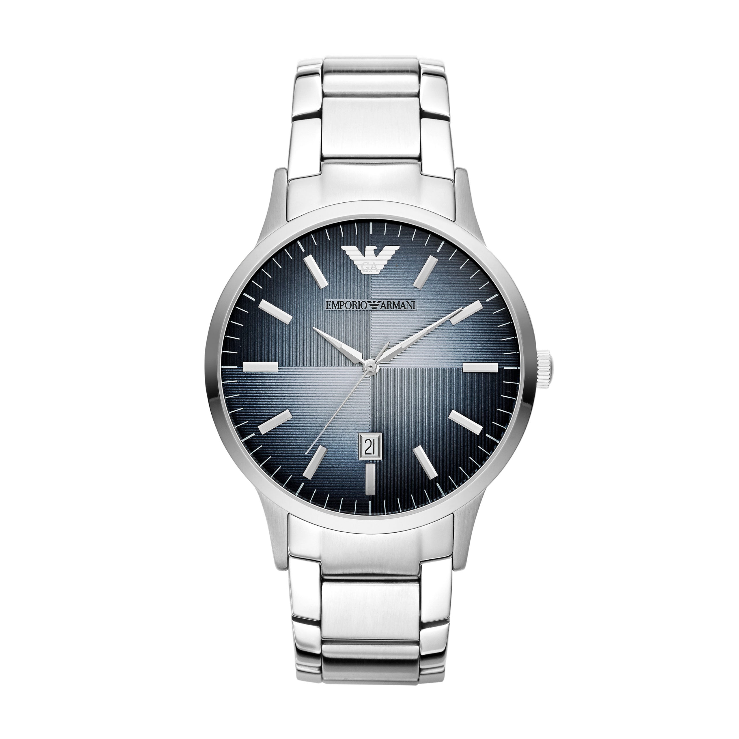 The EMPORIO ARMANI RENATO AR11182 Gents Silver Tone Watch features a blue degrade dial, silver hour markers, date display at 6 o'clock, and a sleek metal link bracelet.