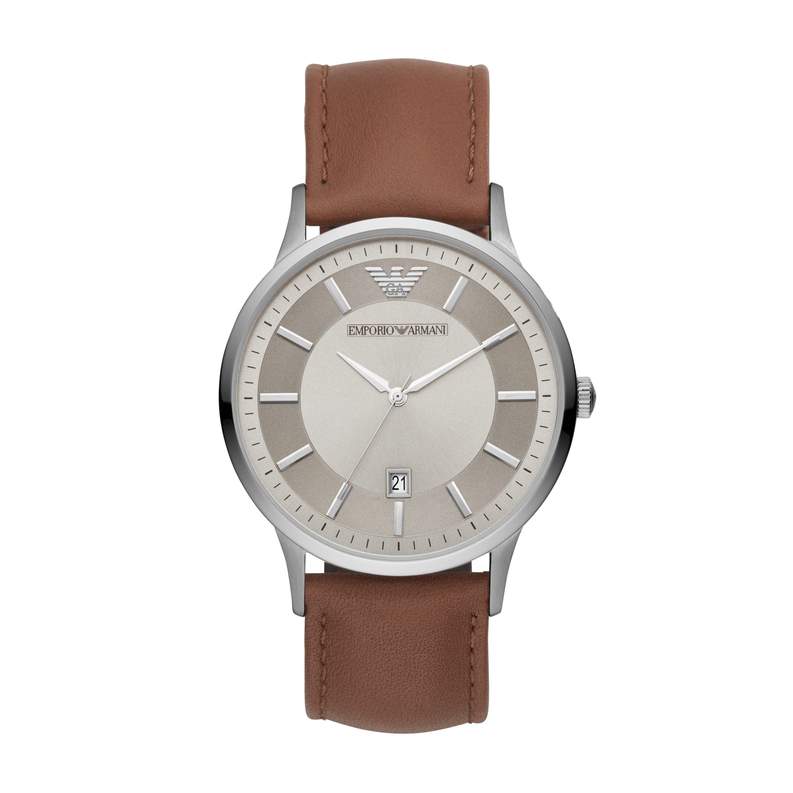 The EMPORIO ARMANI AR11185 RENATO is a men's watch with a brown leather strap, beige and silver dial, silver hour markers, and a date window at 6 o'clock.