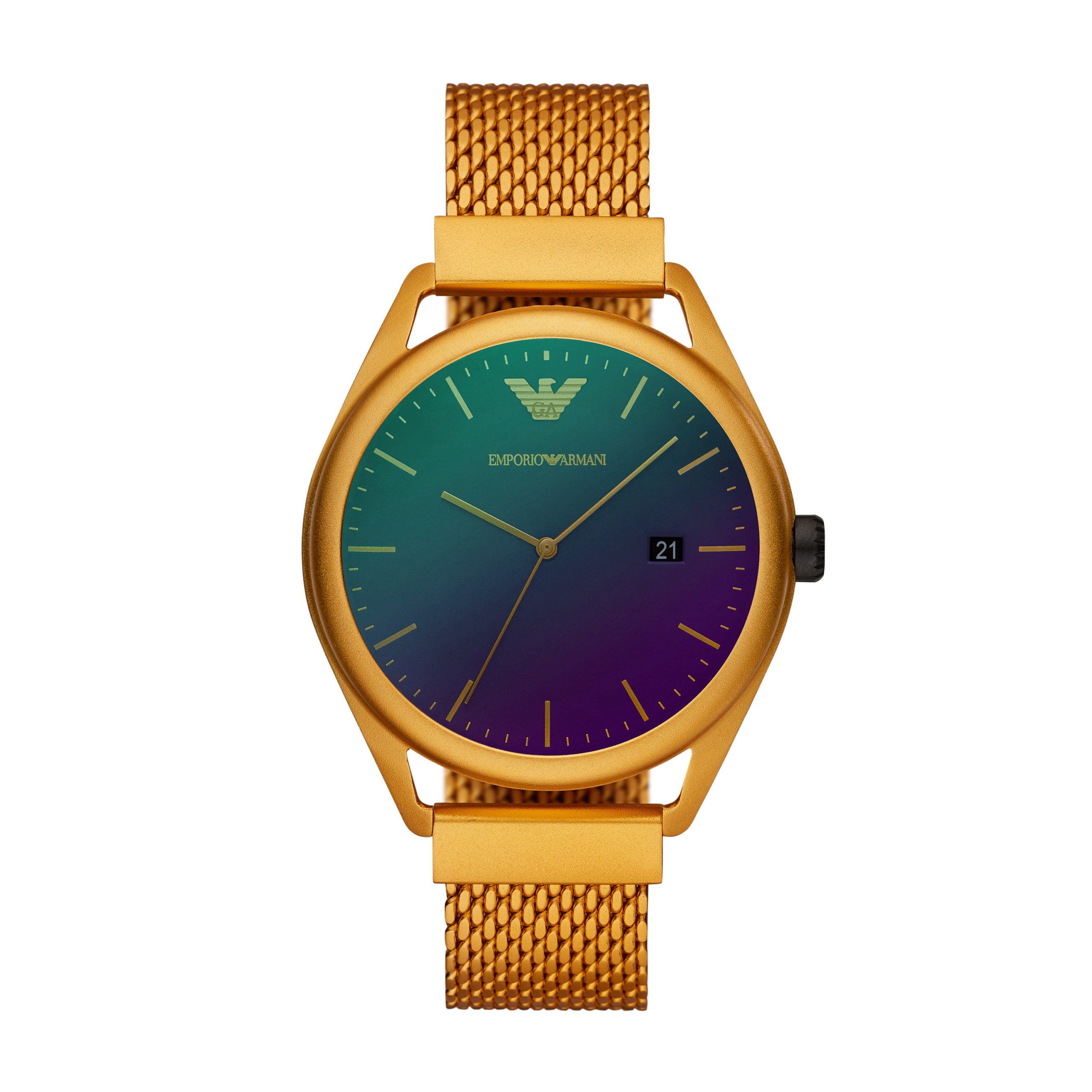 The Emporio Armani AR11327 Matteo is a gold-tone watch with a mesh band, gradient purple dial, gold hour markers, and a date display set to 21.