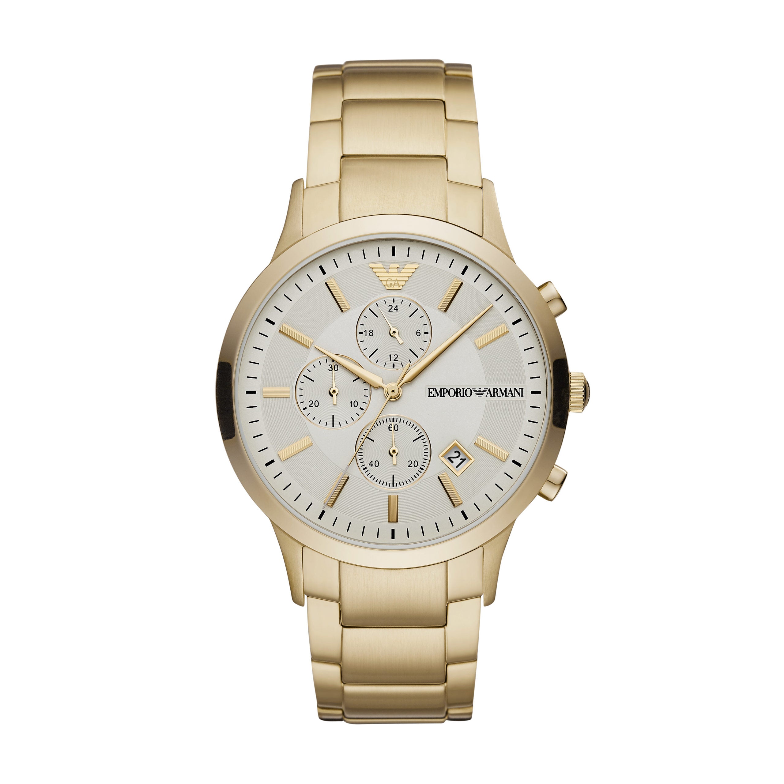 Emporio Armani AR11332 Men's Chronograph Gold Tone Date Bracelet Strap Watch, featuring three sub-dials and a date window, showcased on a plain white background.