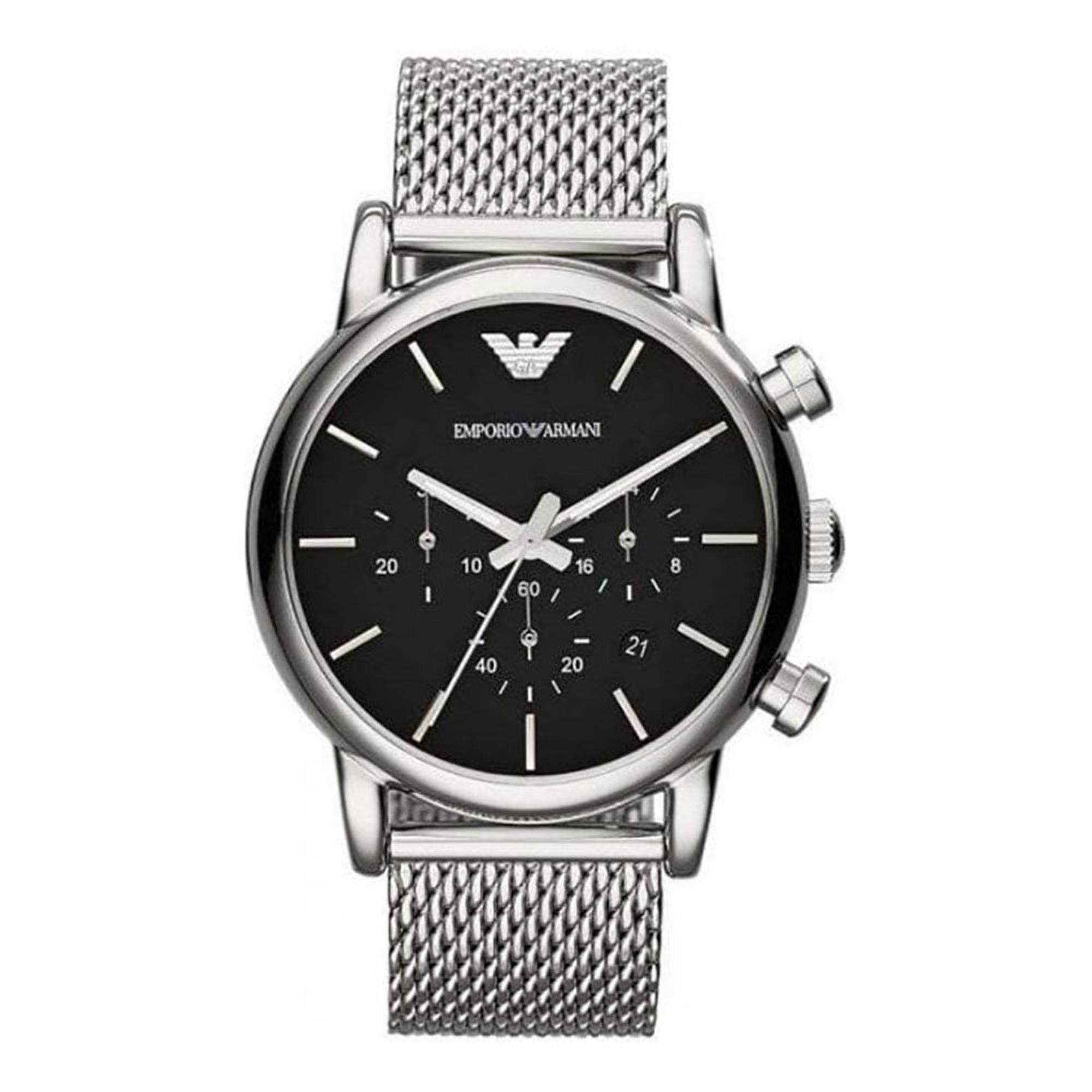 The Emporio Armani AR1811 Gents Luigi Chronograph Silver Tone Watch features a black dial, silver hour markers, and a sleek stainless steel mesh bracelet.