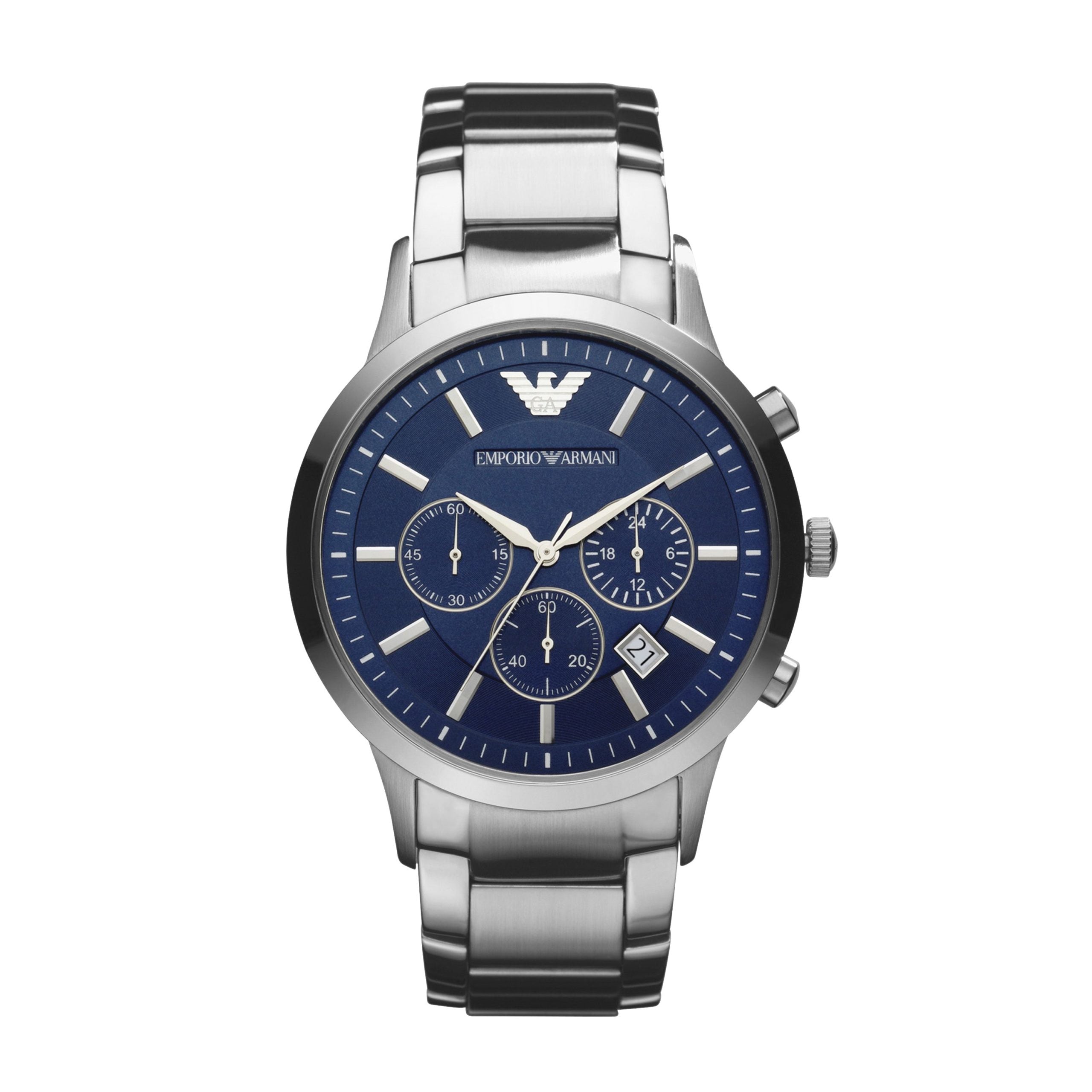 The Emporio Armani AR2448 Renato Gents Silver Tone Chronograph Watch features a stainless steel case, blue dial with three subdials, date display, and sleek silver hour markers.