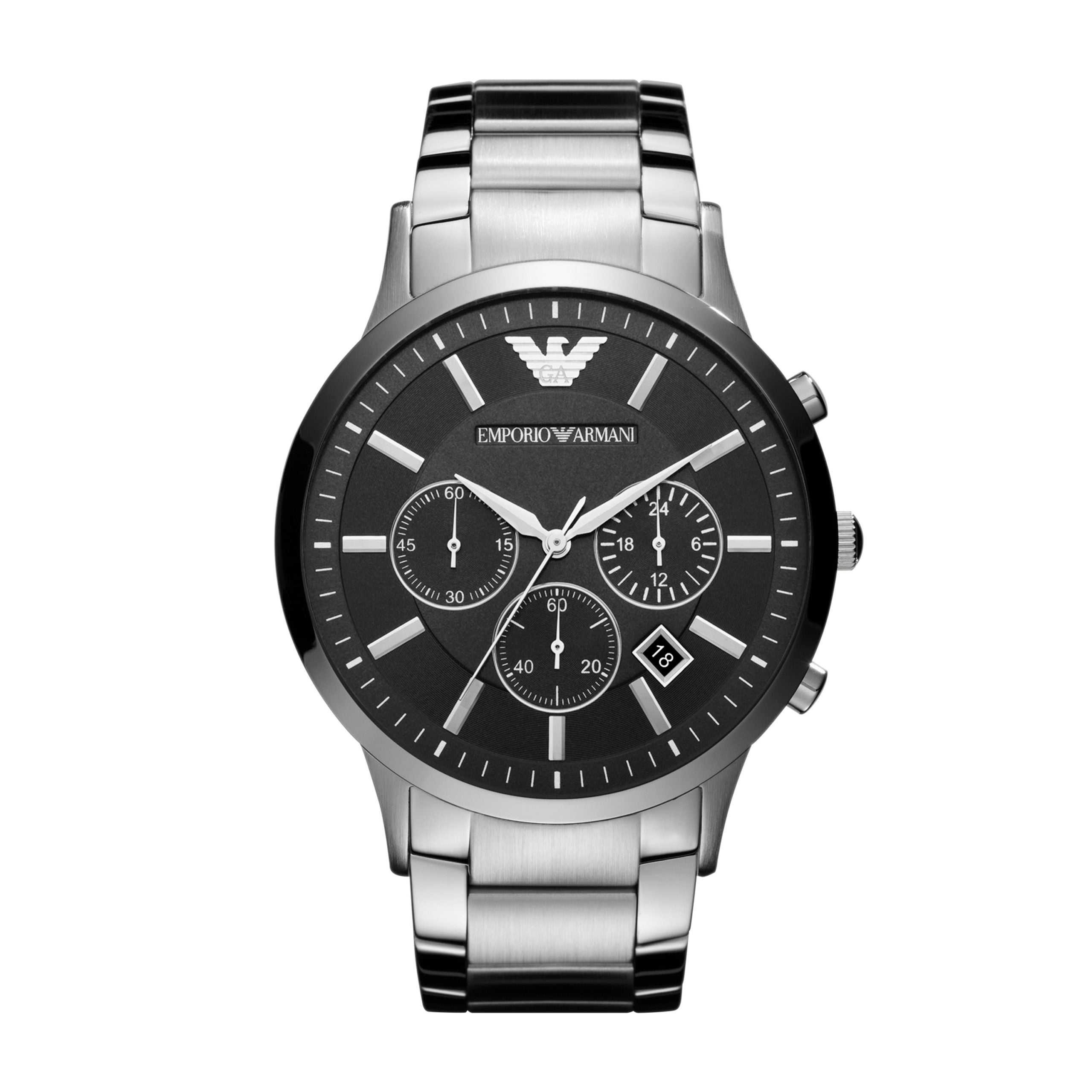 The EMPORIO ARMANI AR2460 Gents Chronograph Black Dial Silver Tone Watch features a stainless steel case, chronograph function, three subdials, date display, and sleek silver-tone hour markers and hands.