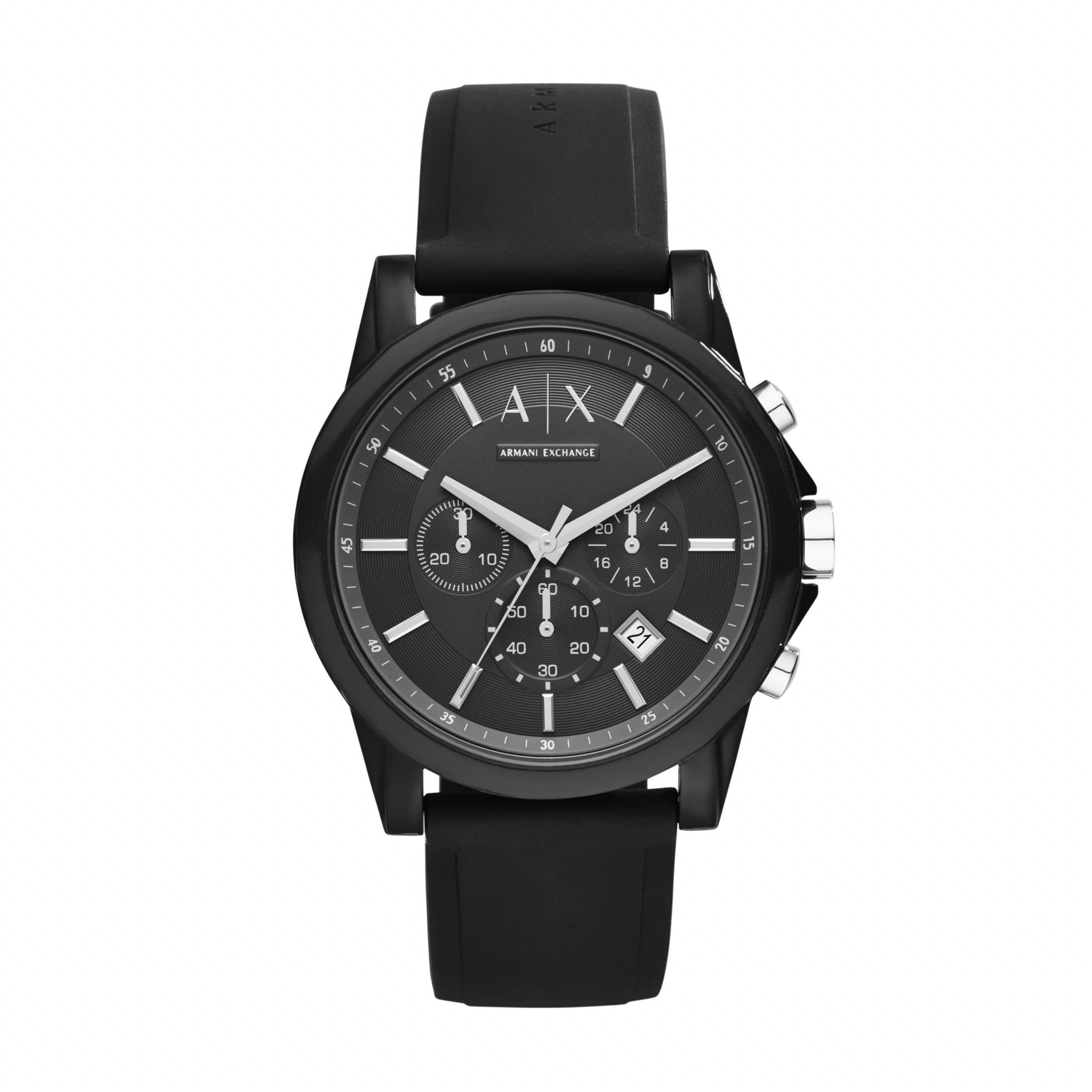 The Armani Exchange AX1326 Men's Chronograph Watch features a black dial with chronograph subdials, date display, and a black silicone strap, shown on a white background.