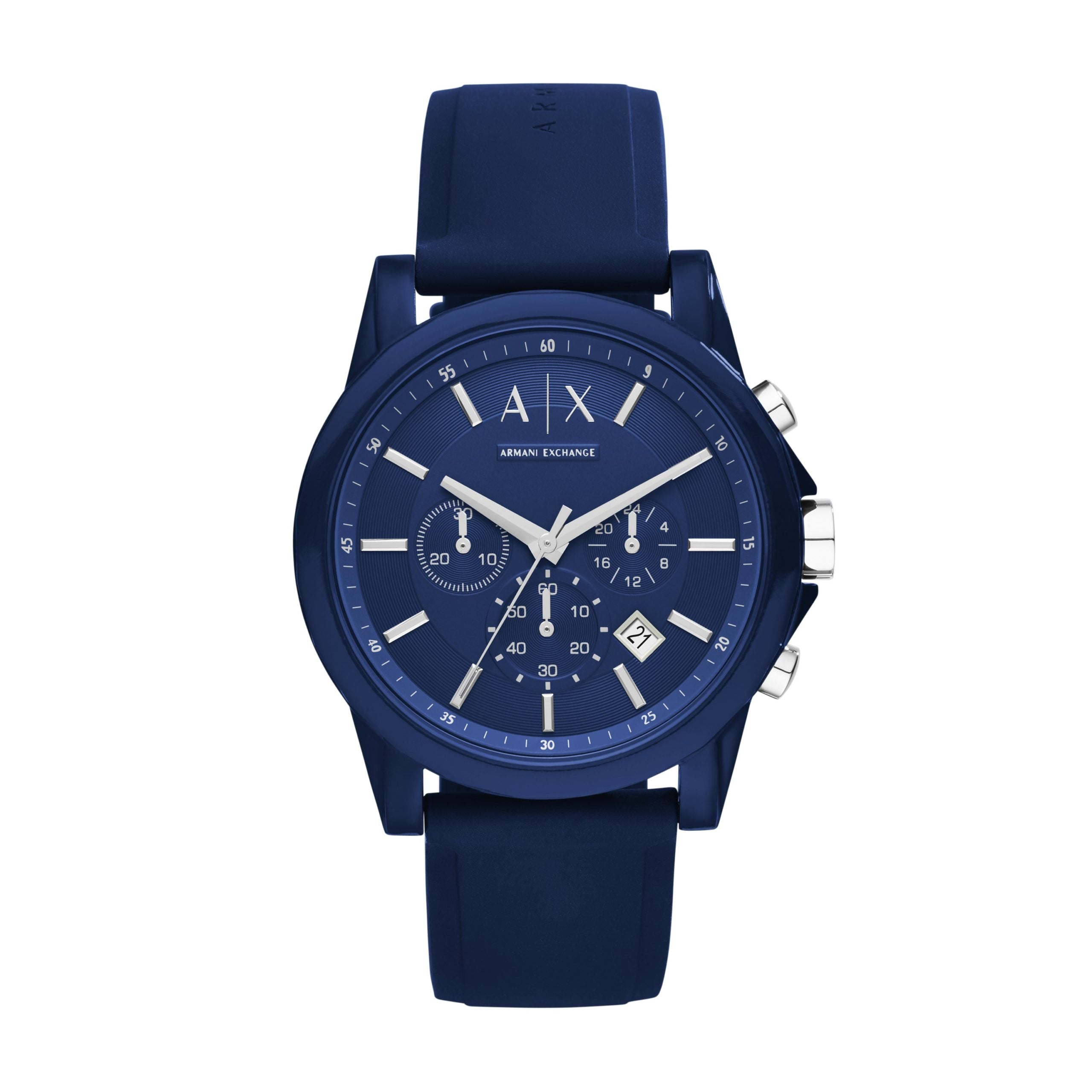 The Armani Exchange AX1327 Gents Outerbanks Chronograph Blue Watch features a blue silicone strap, three subdials, date display, and silver hour markers on a bold blue face.