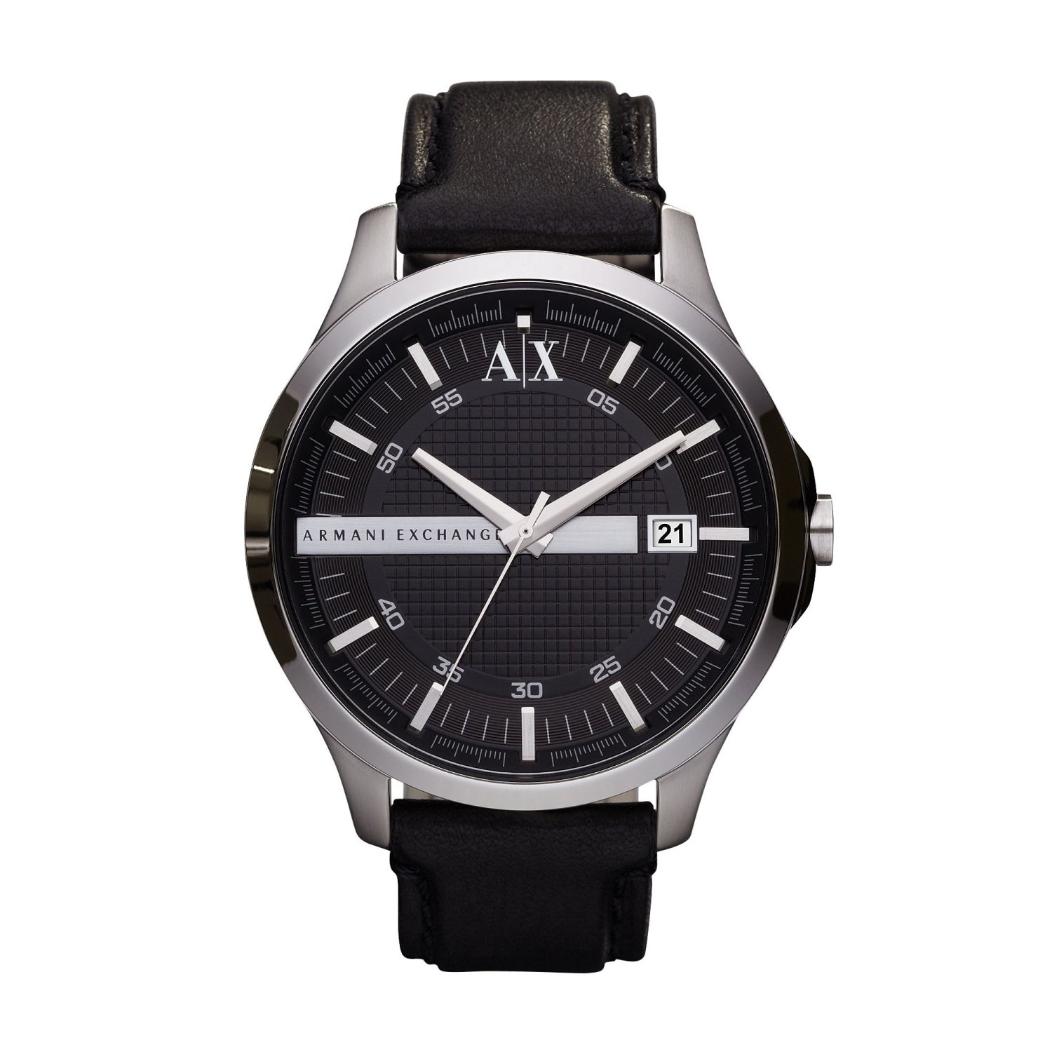 The Armani Exchange Men's AX2101 Date Leather Strap Watch features a round black dial, silver hour markers, date display, and a sleek black leather strap for a timeless look.