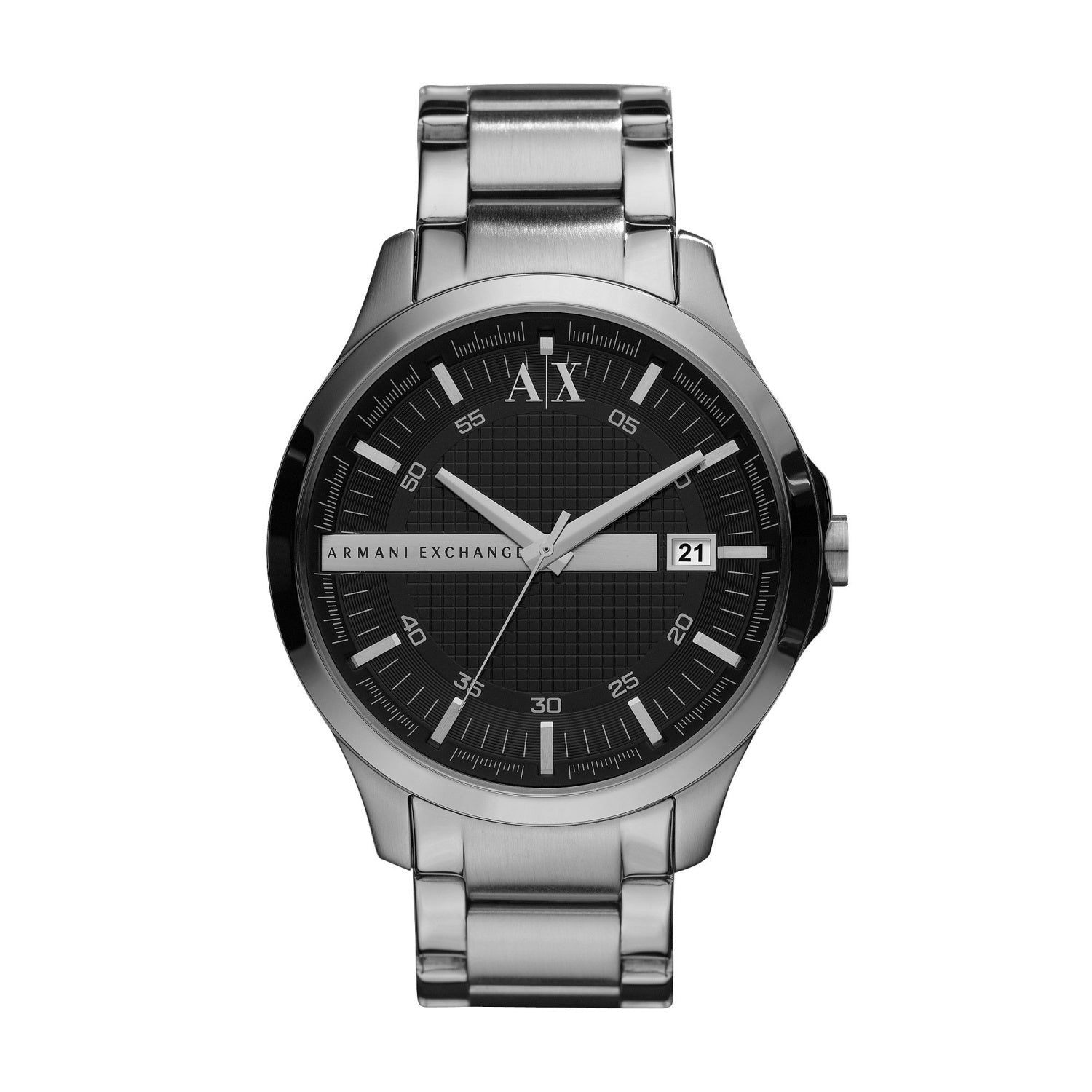 The ARMANI EXCHANGE Hampton AX2103 Gents Silver Tone Watch features a stainless steel case, black dial, silver markers, date at 3 o’clock, and a classic metal link band—a refined addition to any men’s collection.
