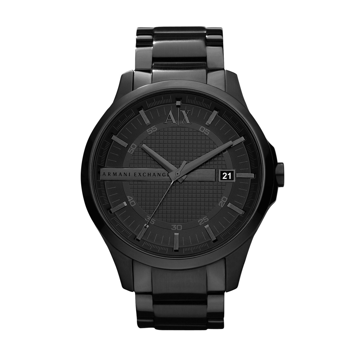 The Armani Exchange AX2104 Gents Black Hampton Watch features a minimalistic black dial with subtle markings, the AX logo at 12 o’clock, a date display set to 21, and a stainless steel bracelet.