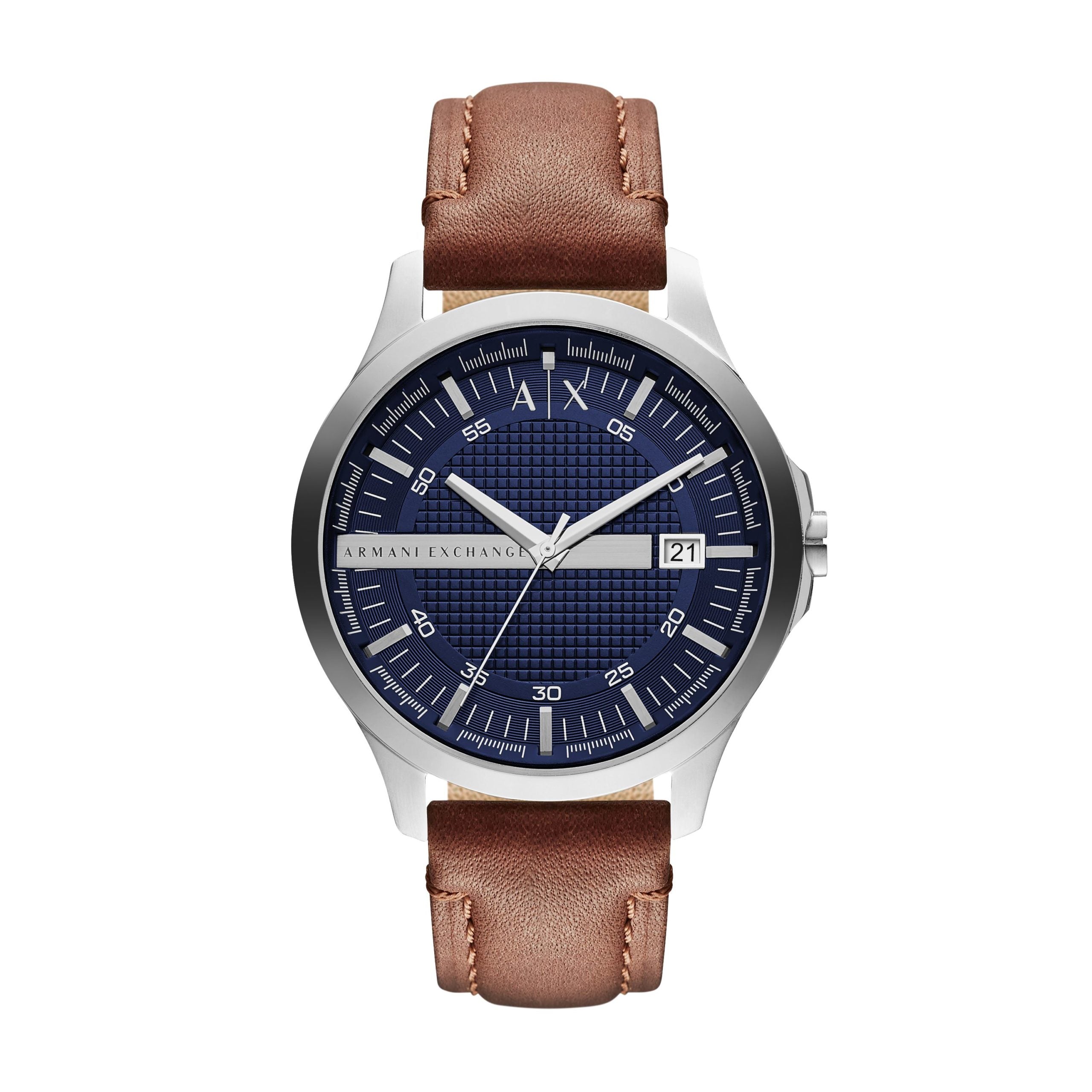 The Armani Exchange Gents Hampton Classical Watch (AX2133) features a blue dial, brown leather strap, silver-tone case, white hour markers, and a date display at 3 o’clock—an ideal accessory to elevate your style.