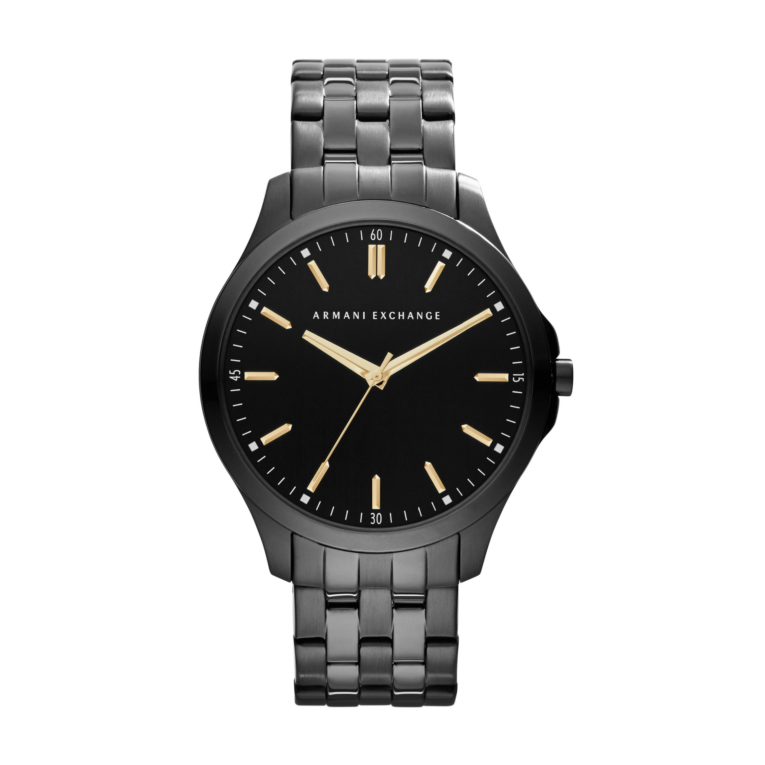 The Armani Exchange Gents Hampton Watch AX2144 features a black bracelet, gold-tone hour markers, and gold hands, elegantly displayed on a white background.