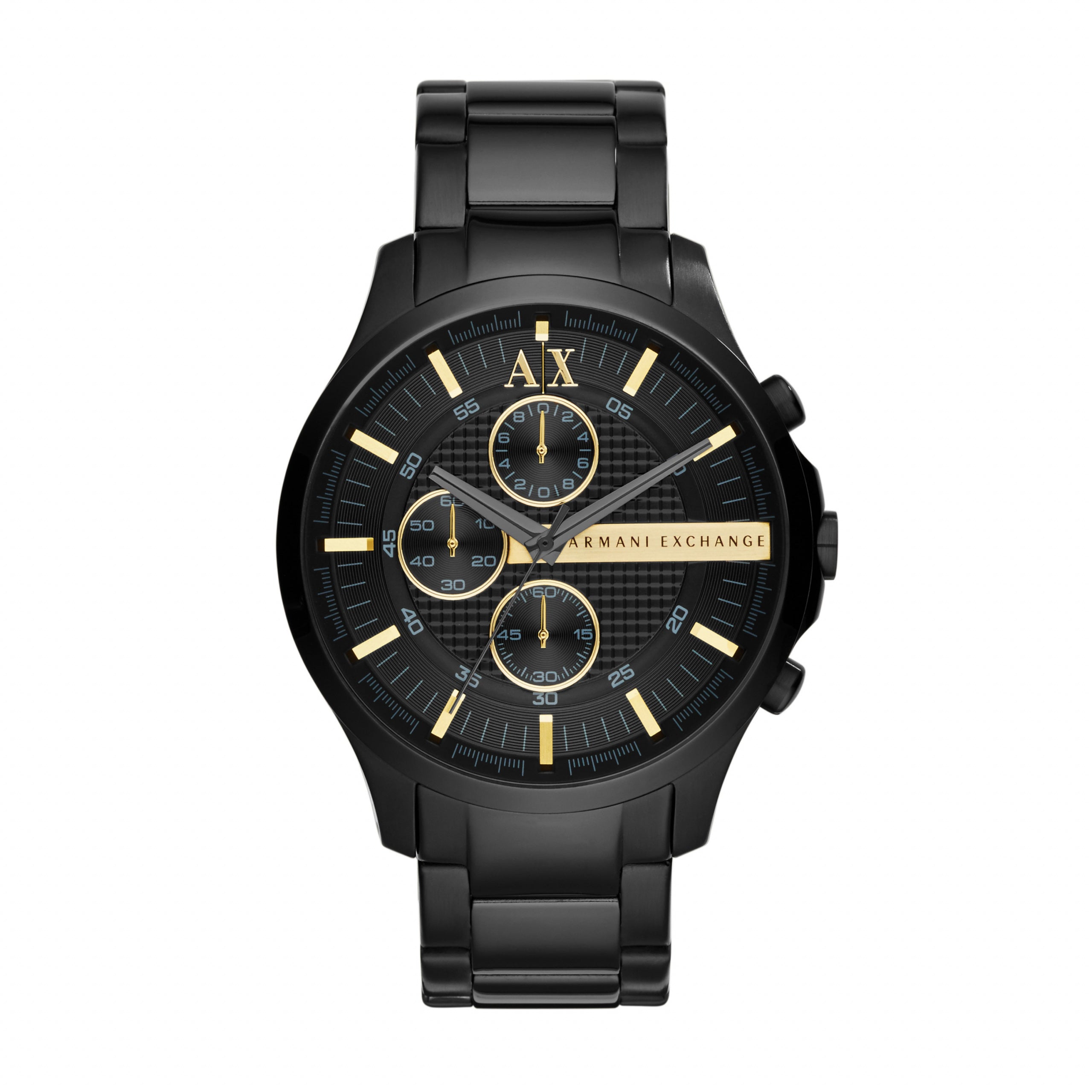 Armani Exchange Men's Chronograph Watch AX2164 features a black dial with gold hour markers and detailing, three subdials, and a stainless steel link band, shown against a white background.