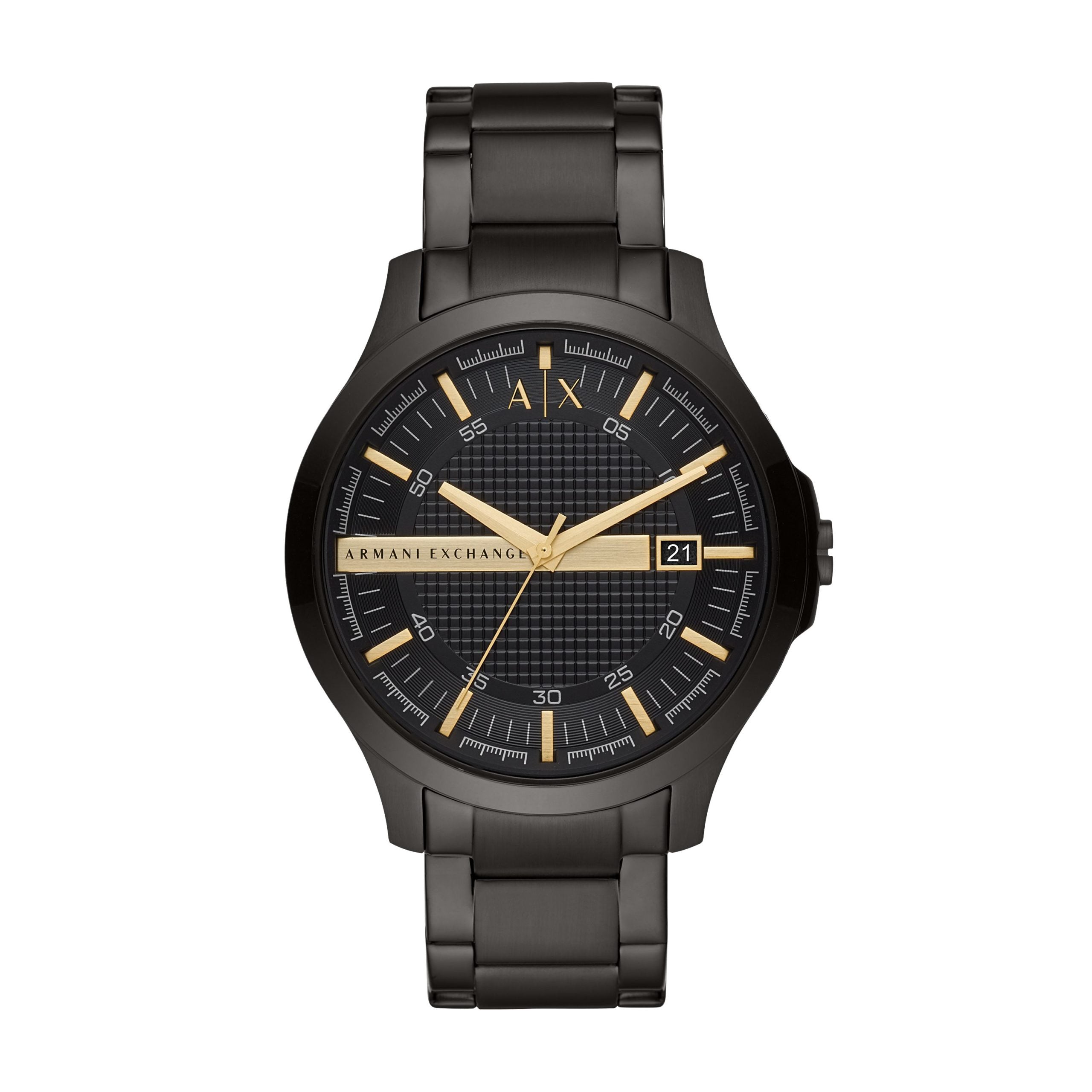 The Armani Exchange AX2413 Gents Black Hampton Classical Watch features a sleek black dial, stainless steel bracelet, gold hour markers and hands, and a date display at the 3 o'clock position.