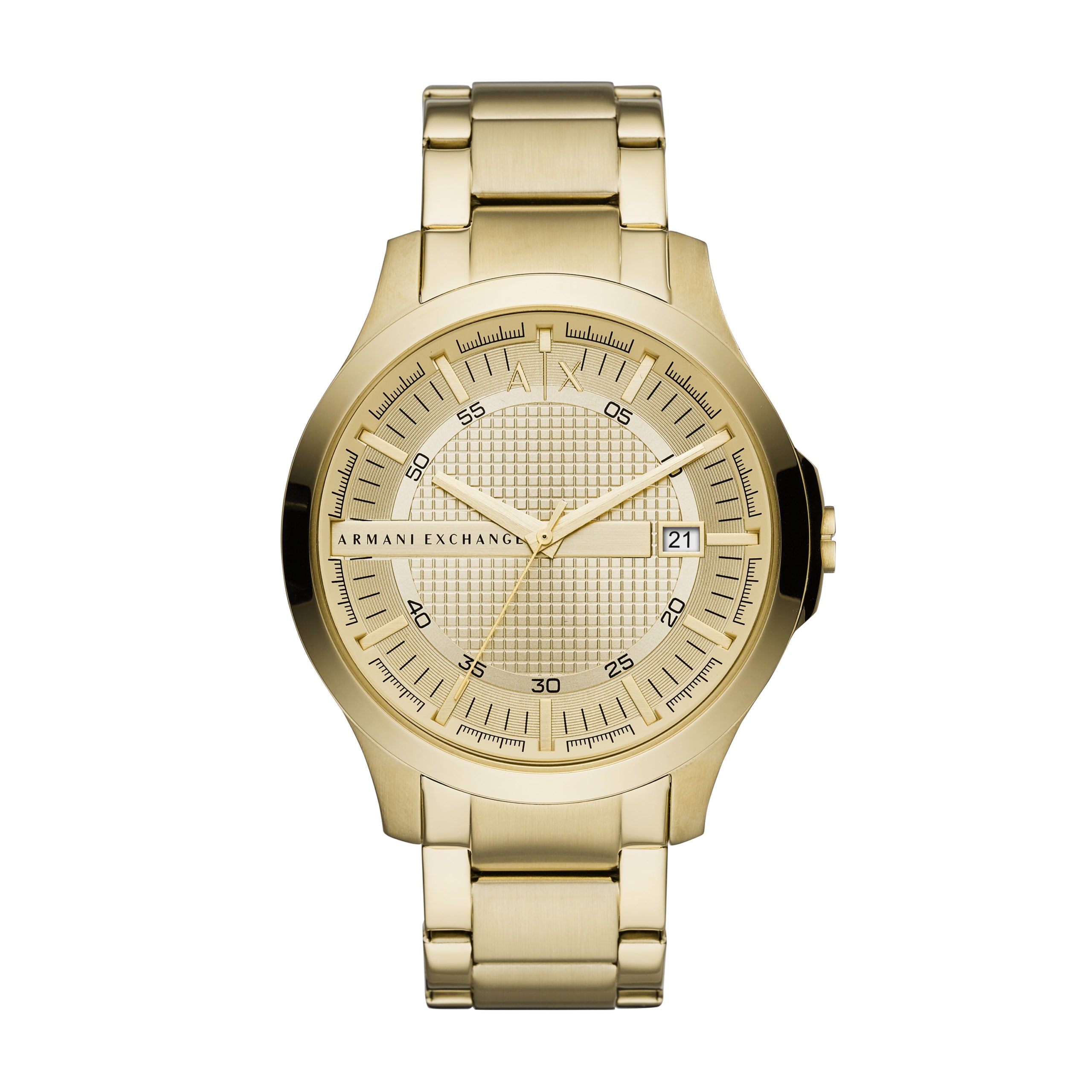 The Armani Exchange Men's Hampton Gold Tone Watch AX2415 features a stainless steel metal link band, textured dial, three hands, date display, and geometric hour markers, shown against a white background.