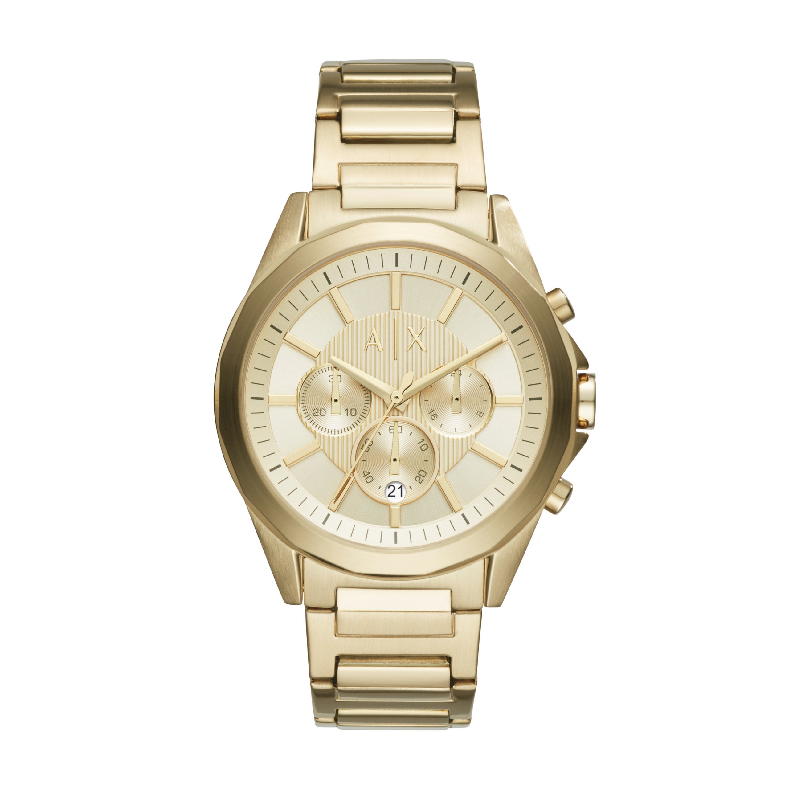 The Armani Exchange Men's Drexler Chronograph Gold Tone Watch AX2602 features a round face, three subdials, date display, minimalist design, and link bracelet—adding sophisticated style to any outfit.