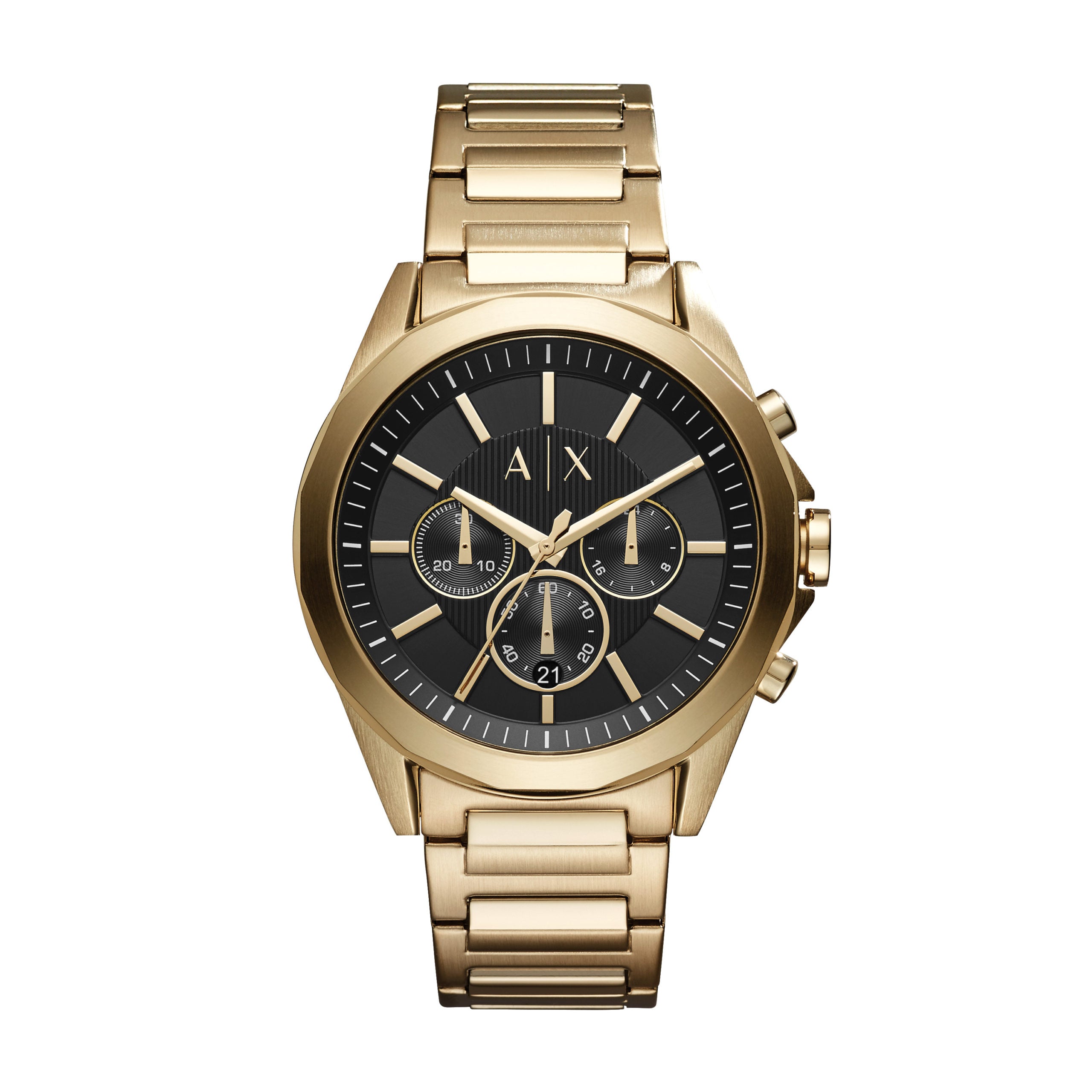 The Armani Exchange Drexler AX2611 Mens Gold Tone Chronograph Watch features a black dial with three subdials, date display, metal link band, and the iconic "AX" initials at the top.