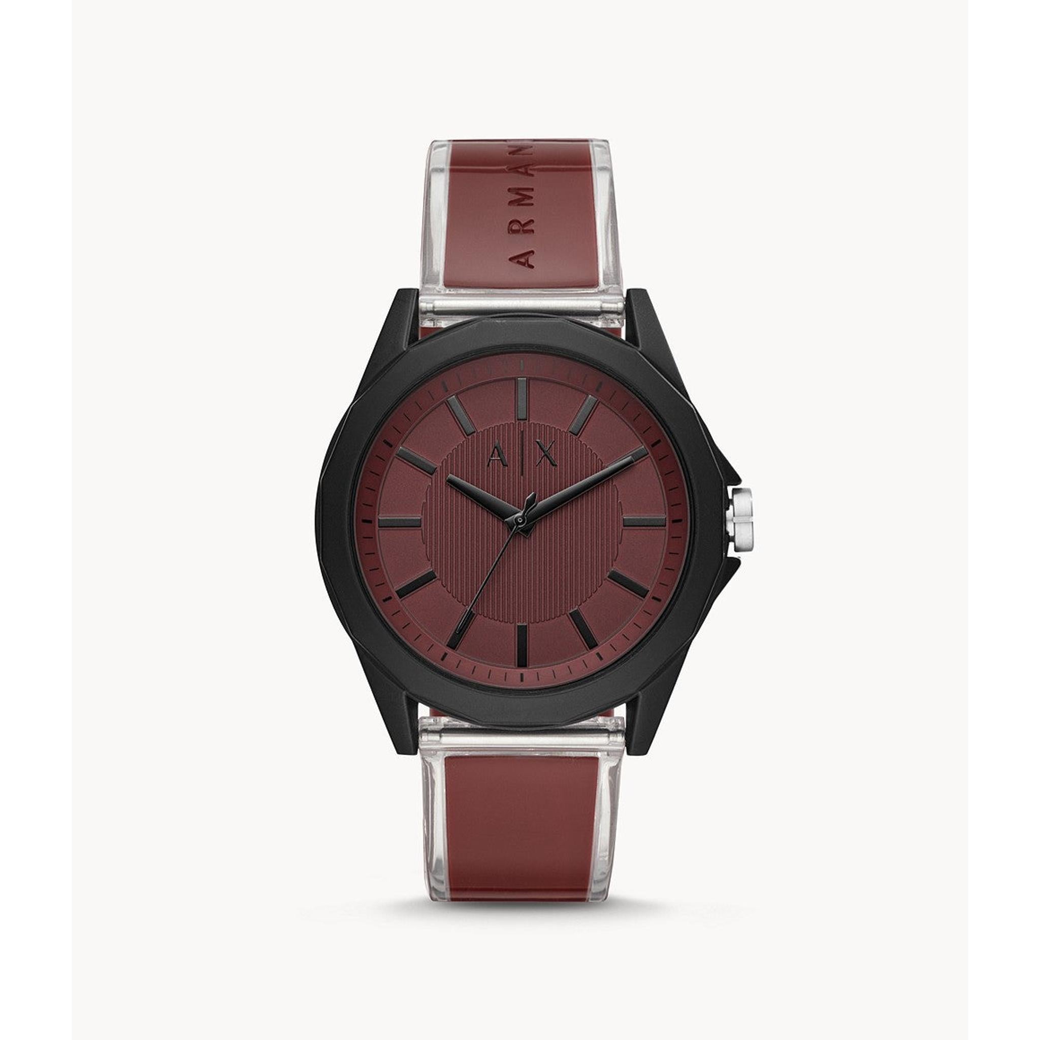 The Armani Exchange Gents Drexler Sports Watch AX2641 features a matte black case, maroon textured dial, and maroon "ARMANI" embossed strap—showing 10:10, it makes a bold statement in any collection.