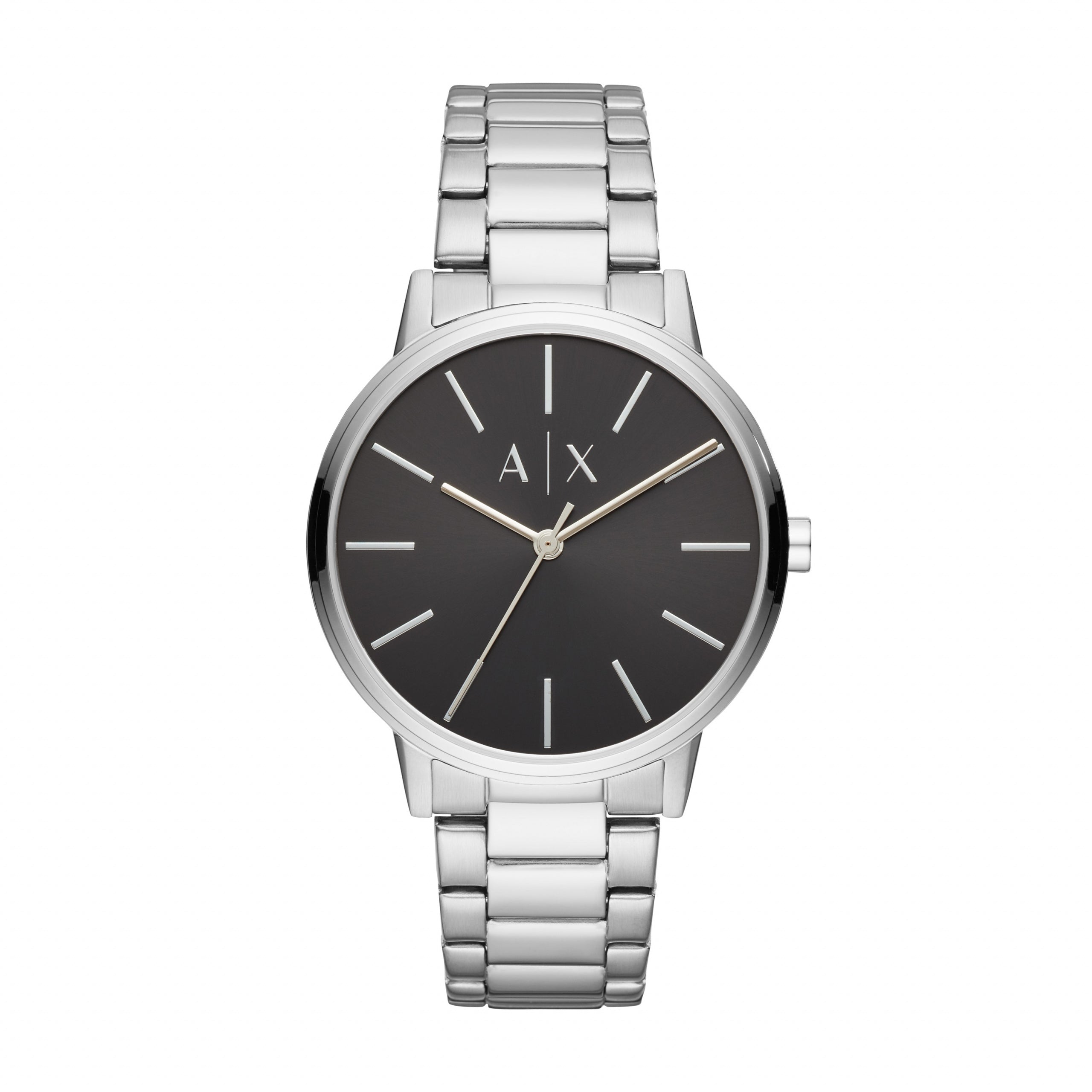 The Armani Exchange AX2700 Men's Cayde Watch features a black dial, simple hour markers, silver-tone steel bracelet, and "A|X" logo at the top—combining modern style and functionality.