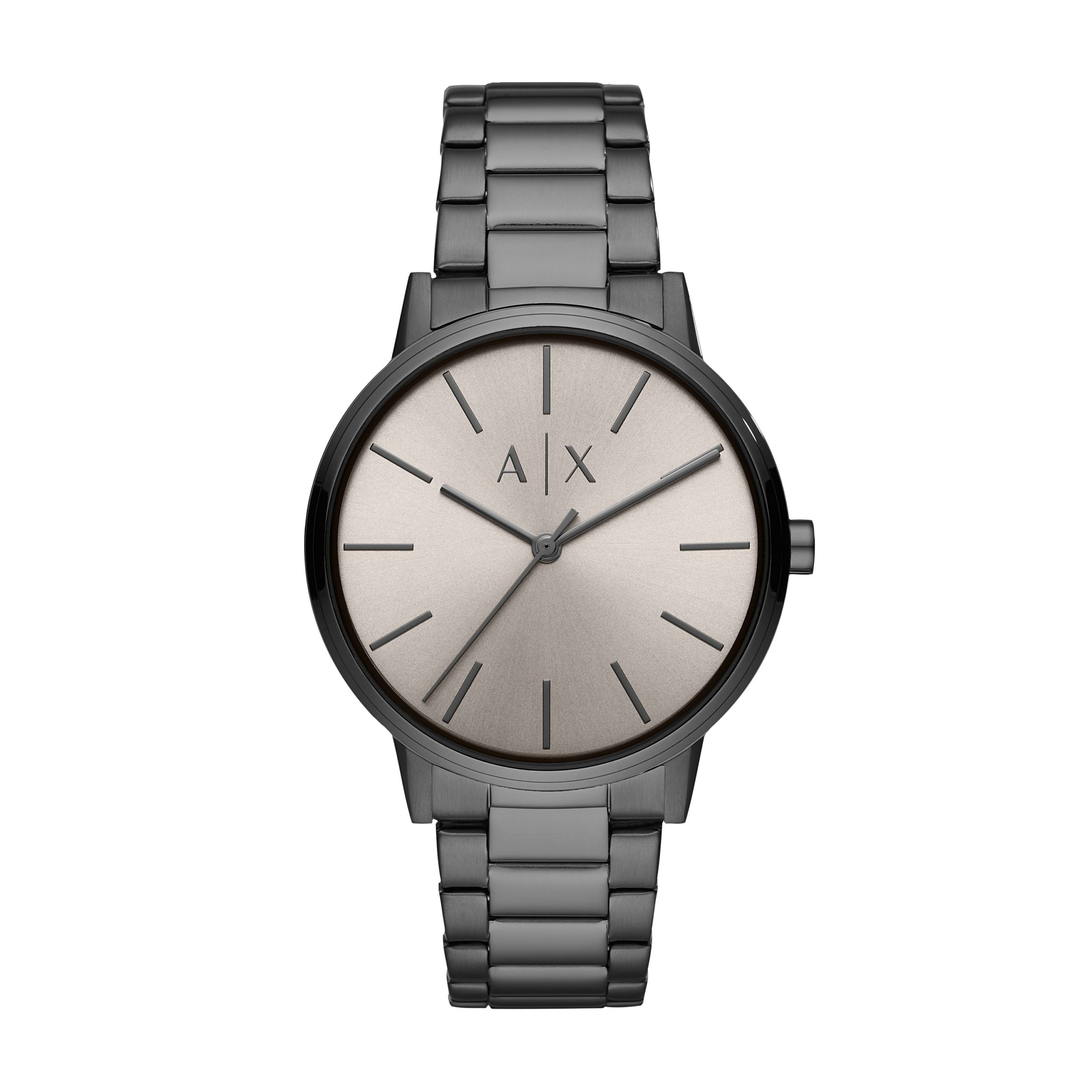 The Armani Exchange AX2722 Men's Cayde features a grey dial, minimalist design, black hour markers, and a metal link band, elegantly displayed against a white background.