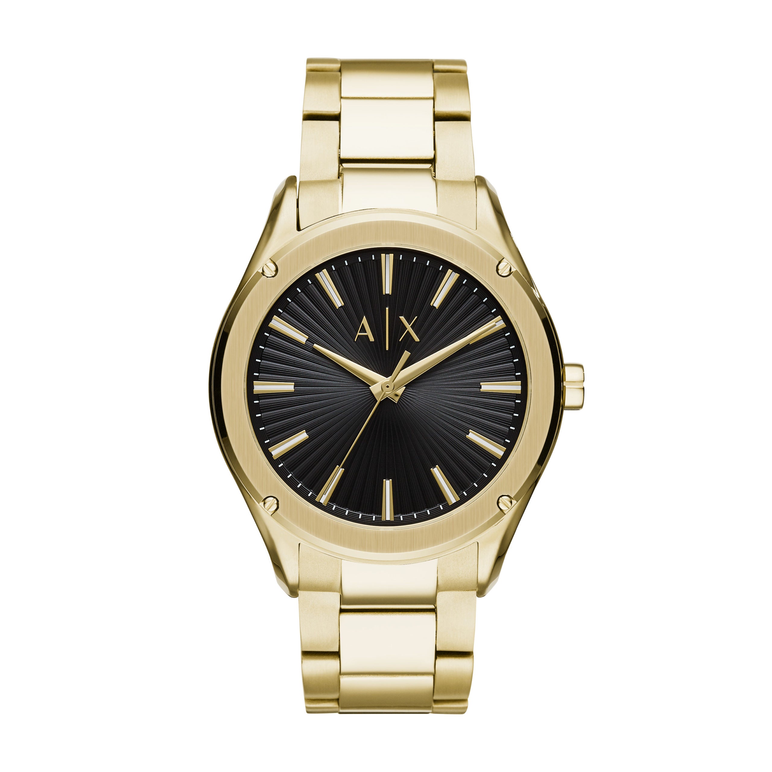 The Armani Exchange Men’s Fitz Gold Tone Watch AX2801 features a gold-tone stainless steel case, black dial with gold hour markers and hands, matching gold band, and "A" and "X" at the 12 o'clock position.