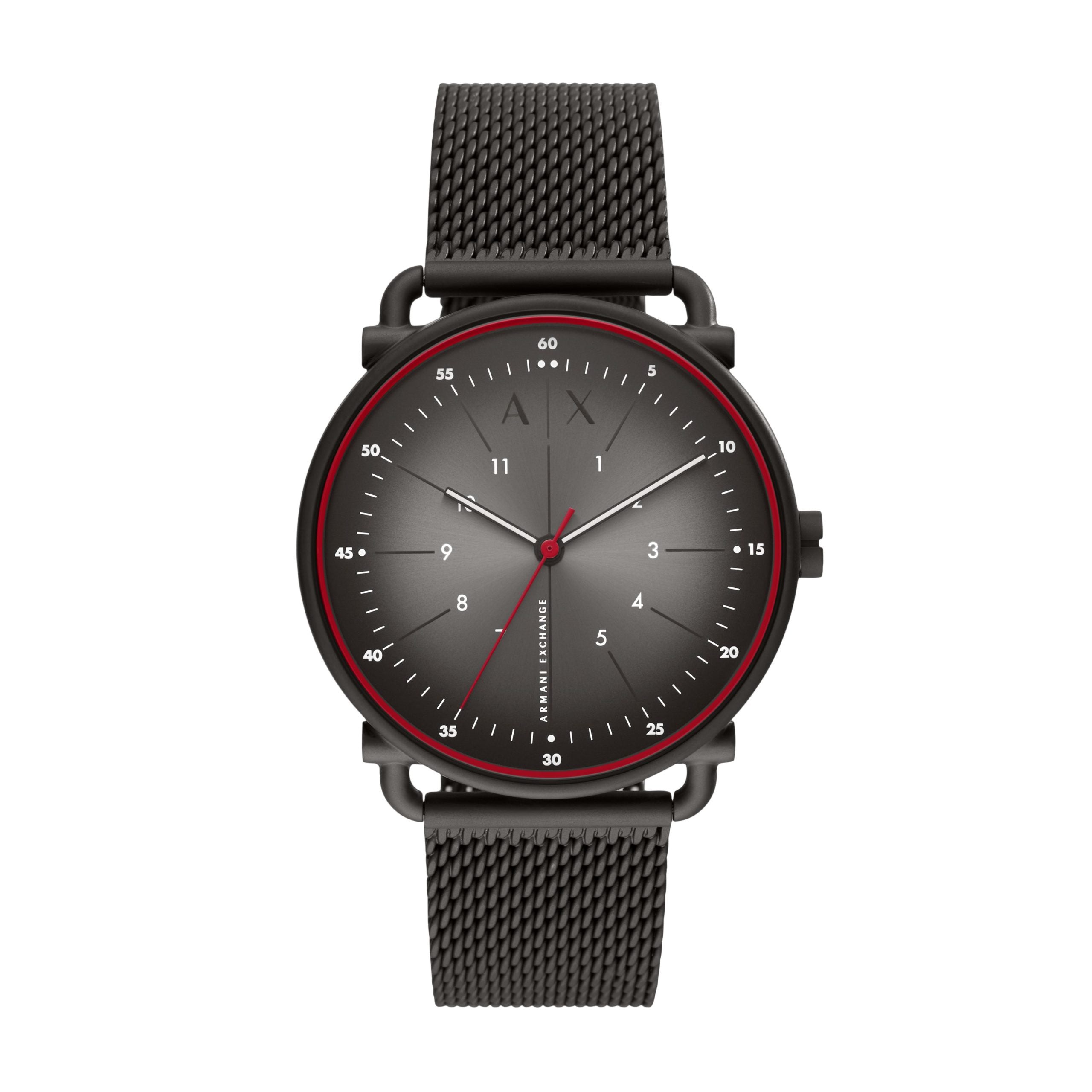 The Armani Exchange AX2902 features a minimalist black design with a stainless steel men's mesh bracelet, gray gradient dial, red accents, simple hour markers, and the Armani Exchange logo at the top.