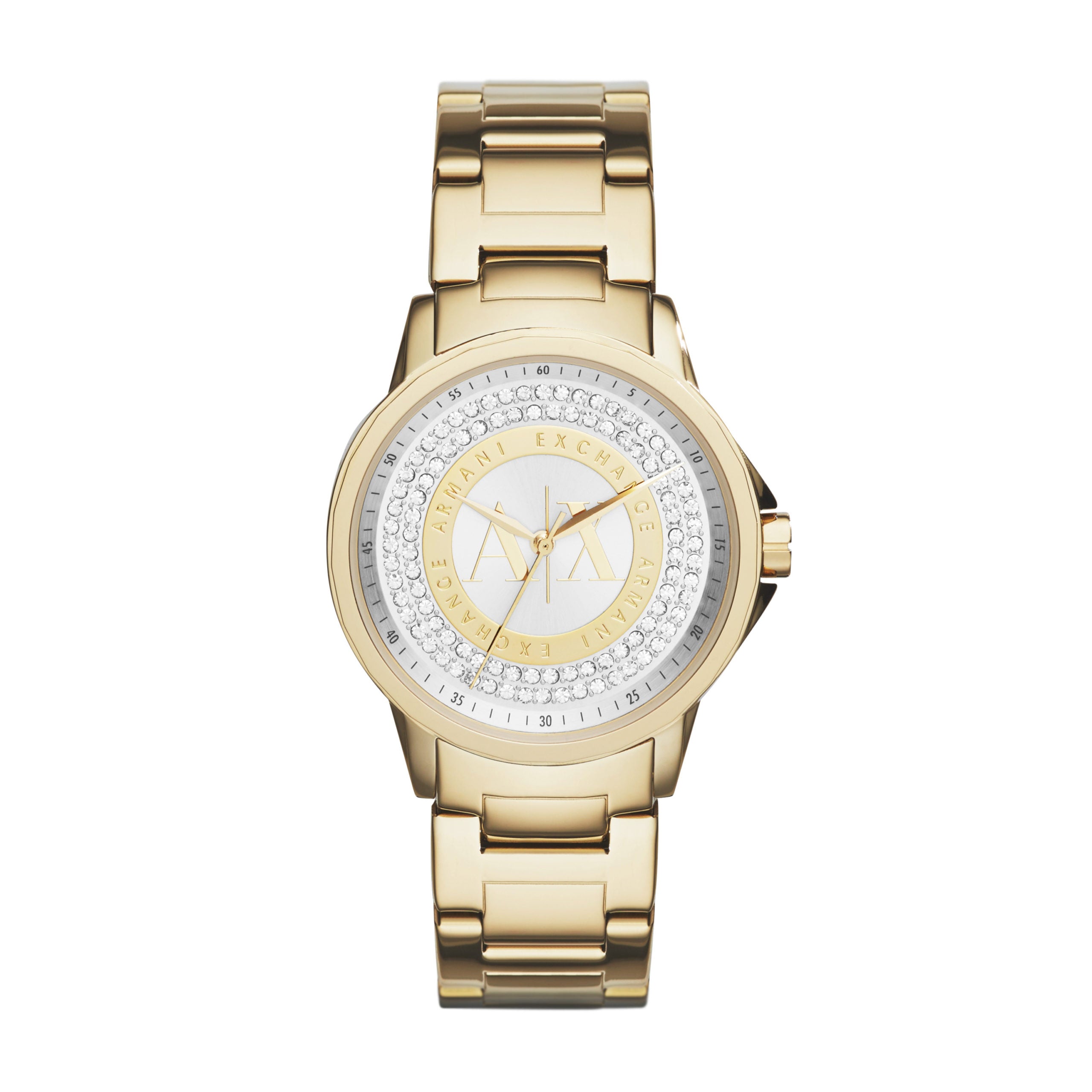 The Armani Exchange Ladies AX4321 Gold Tone 'Lady Banks' Watch features a metal link band, round crystal-accented face, and the signature "AX" logo—a stunning accessory for any occasion.
