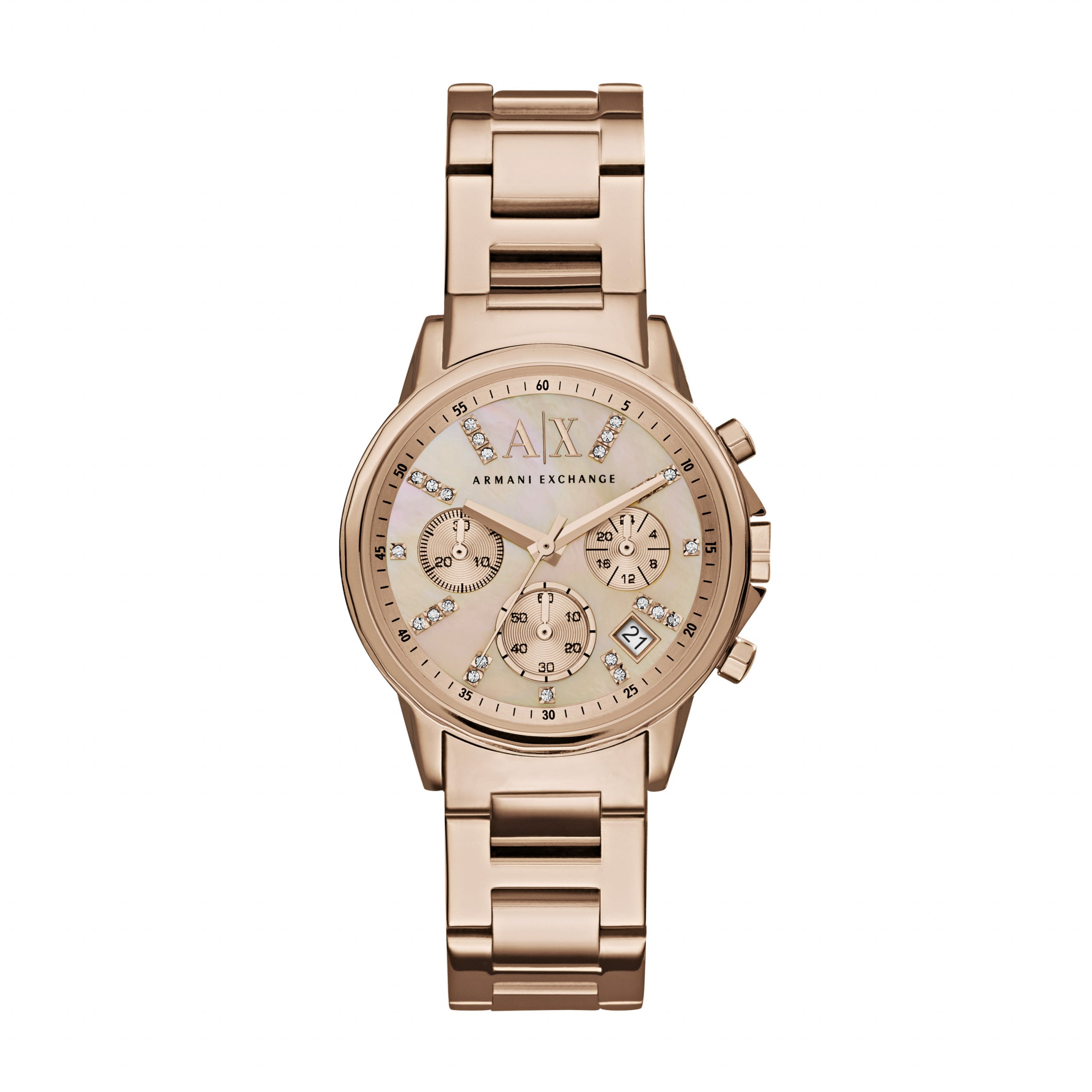 The Armani Exchange Ladies AX4326 'Lady Banks' watch features a rose gold tone link band, three subdials, date display, and crystal hour markers on a light gold face—a perfect stylish accessory.
