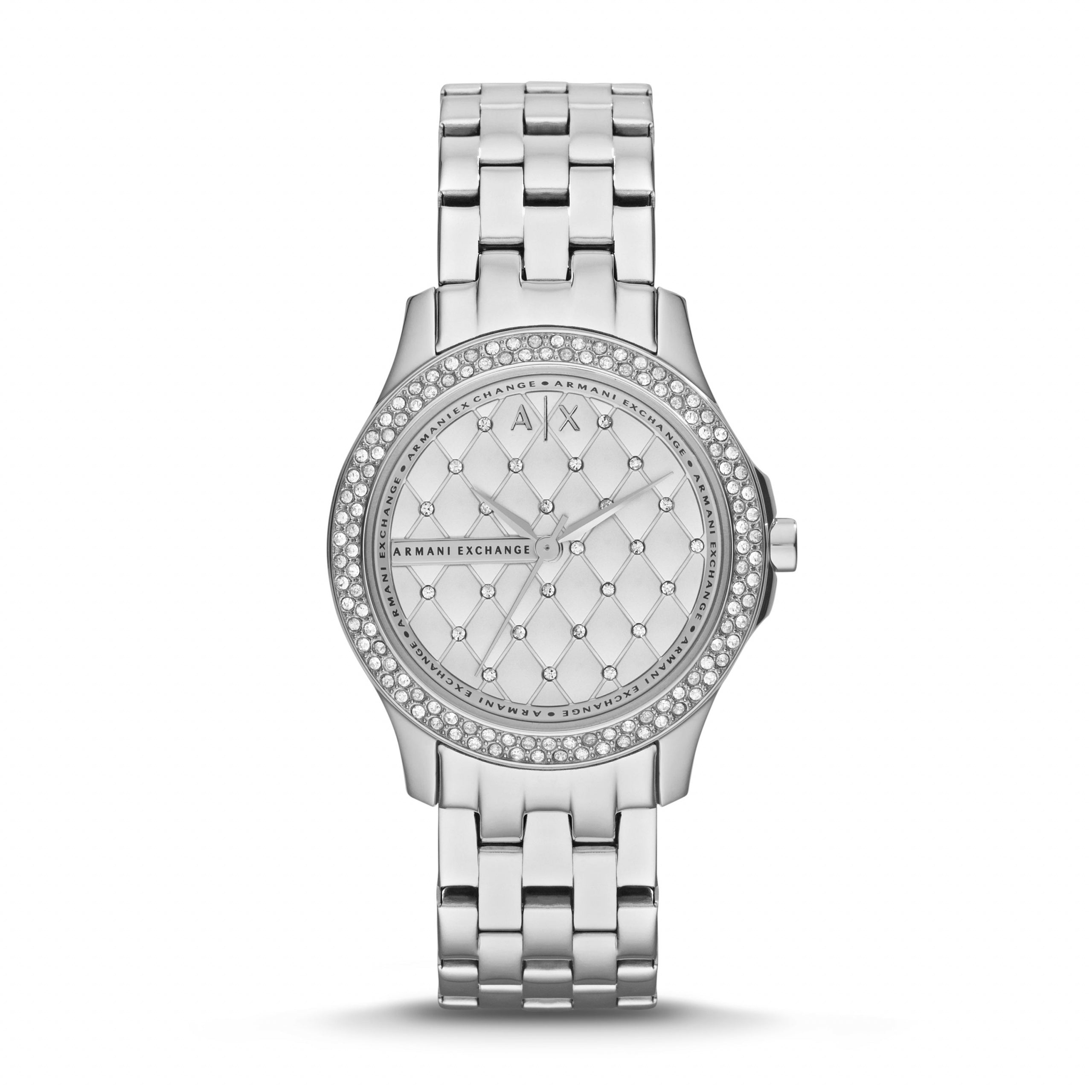 The Armani Exchange Ladies Silver Tone AX5215 Hampton Watch features a metal link band, diamond-patterned face, crystal accents, and "AX" logo—an elegant silver watch perfect for any occasion.
