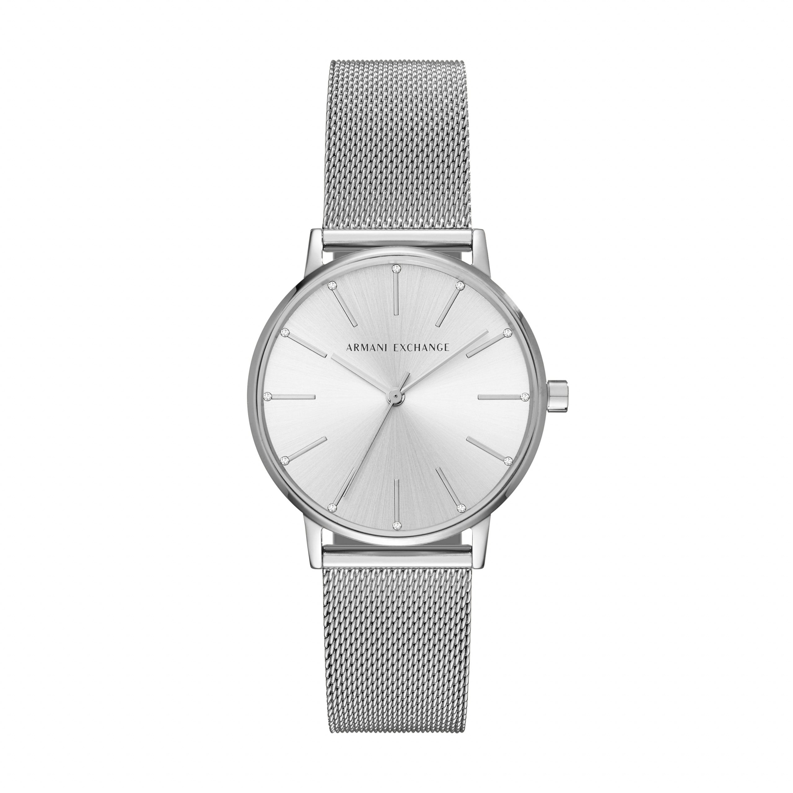 The Armani Exchange Ladies Silver Tone AX5535 Watch features a minimalist dial with thin hour markers and a stainless steel mesh bracelet, shown on a white background.