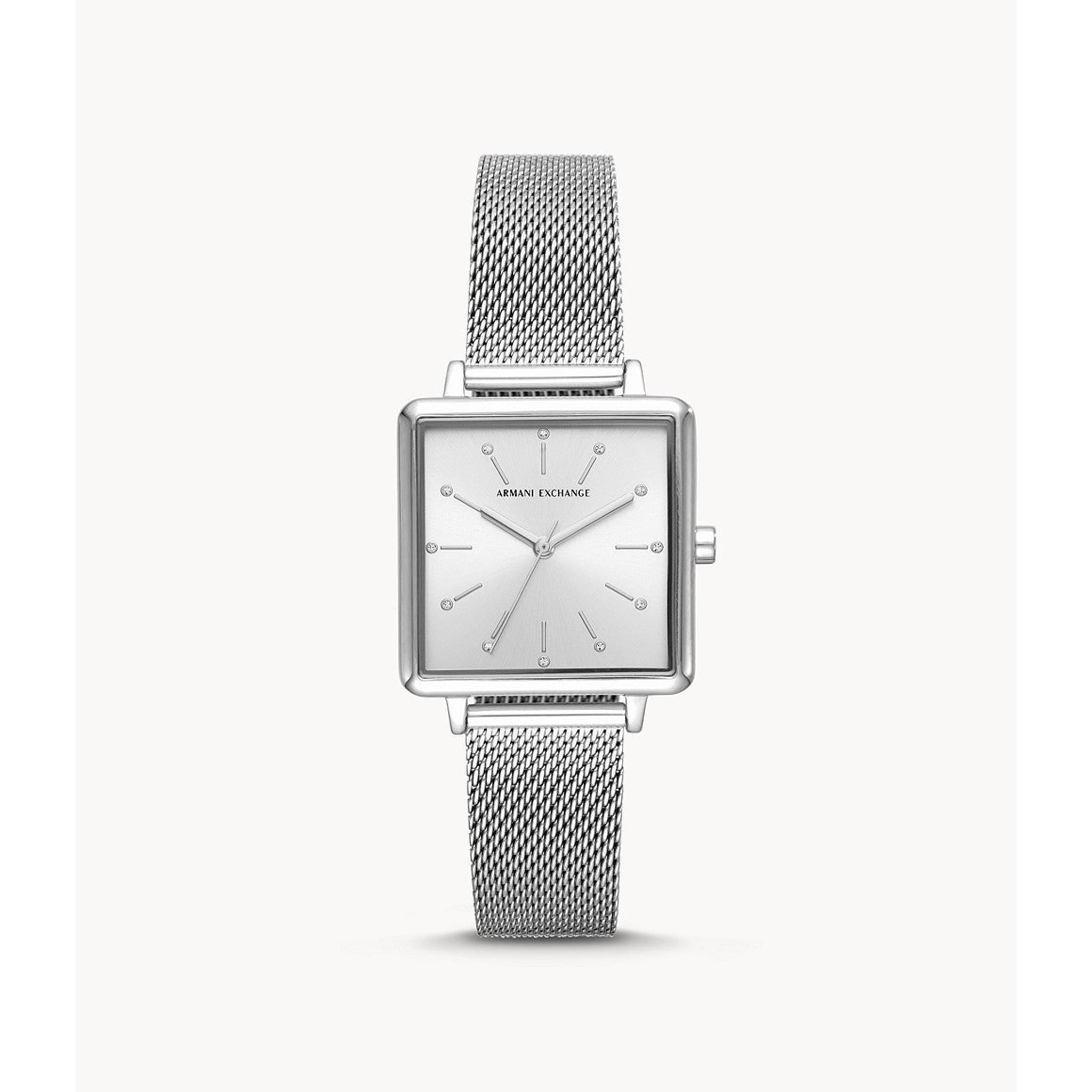 The Armani Exchange AX5800 Lola Ladies Silver Tone Mesh Bracelet Watch, featuring a square case and minimalist dial, is displayed against a plain white background.