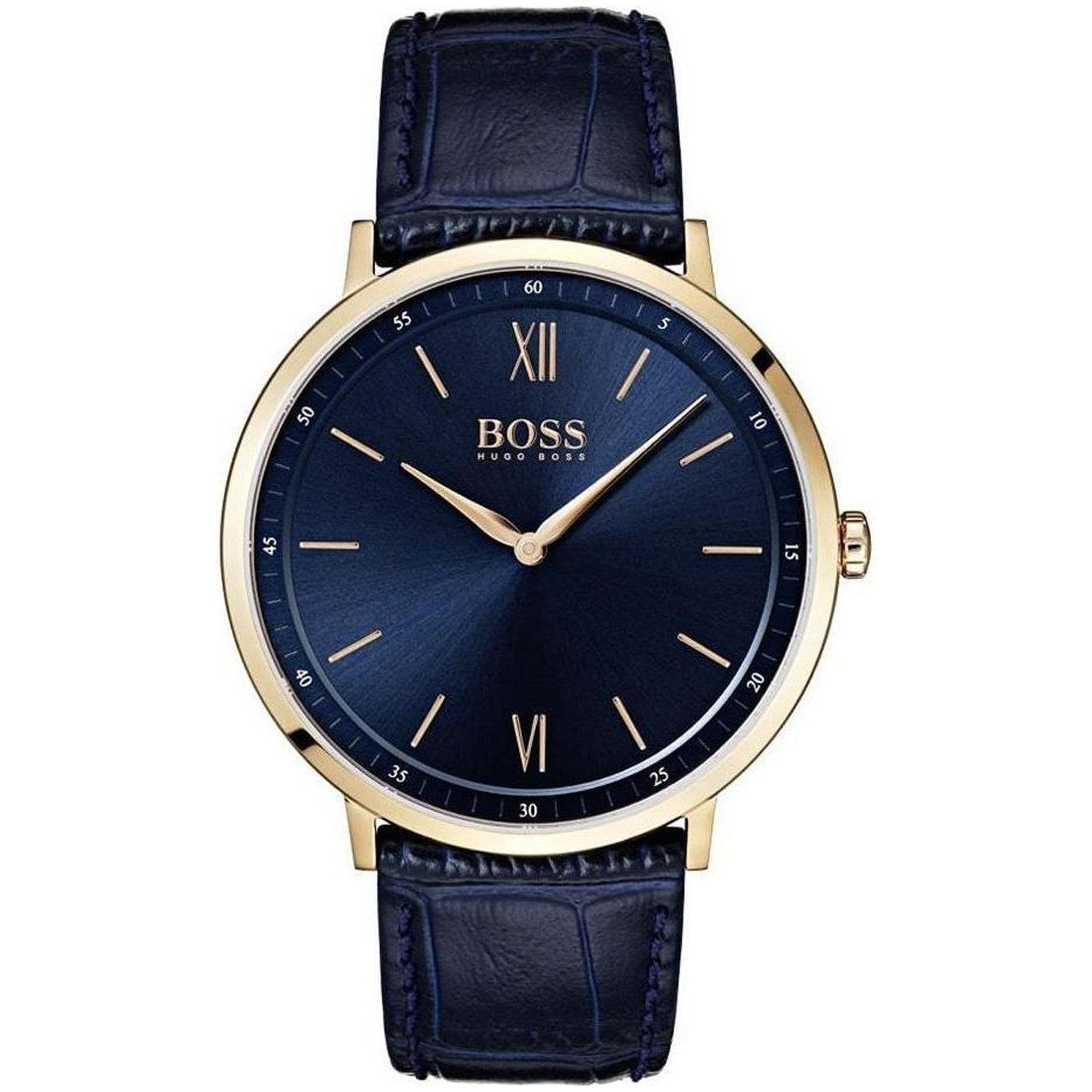 The Hugo Boss 1513648 Men's Quartz Watch features a blue leather strap, gold case, blue dial with gold hour markers and hands, and Roman numerals at 12, 3, 6, and 9 o’clock for a sophisticated look.