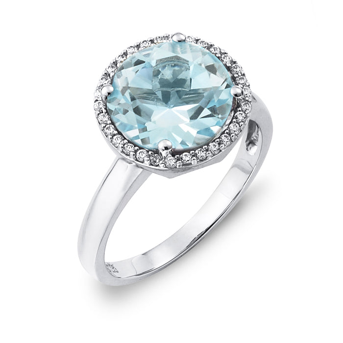 9ct white gold cocktail ring showcasing a large round green amethyst accented with 0.16ct of diamonds, set on a polished band inspired by the elegance of diamond cocktail rings.