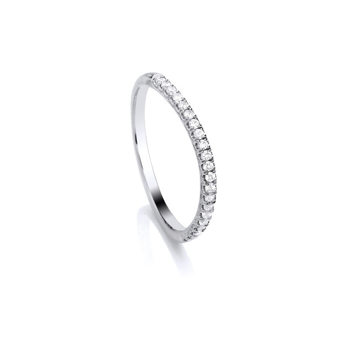 A 9ct white gold curved diamond band, 0.16ct, set with brilliant cut diamonds in a continuous row, photographed on a white background.