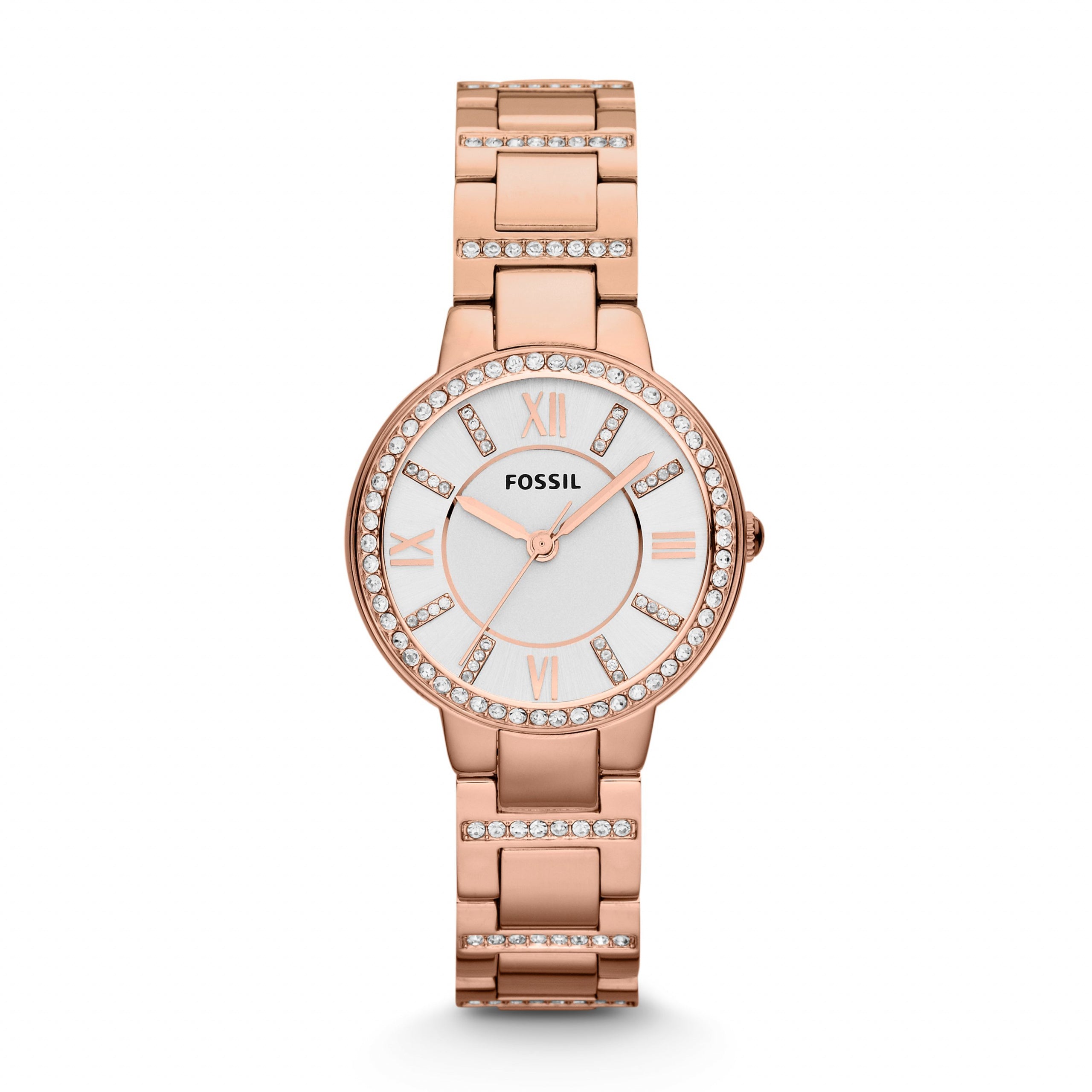 The FOSSIL ES3284 Ladies Virginia Rose Gold Tone Watch features a round face with Roman numerals and sparkling cubic zirconia accents on the bezel and band, shown against a white background.